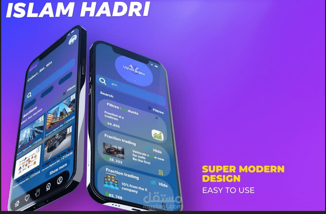 تصميم وبناء تطبيق Flutter لبيع وتداول  نسب من منتجات عالية القيمة