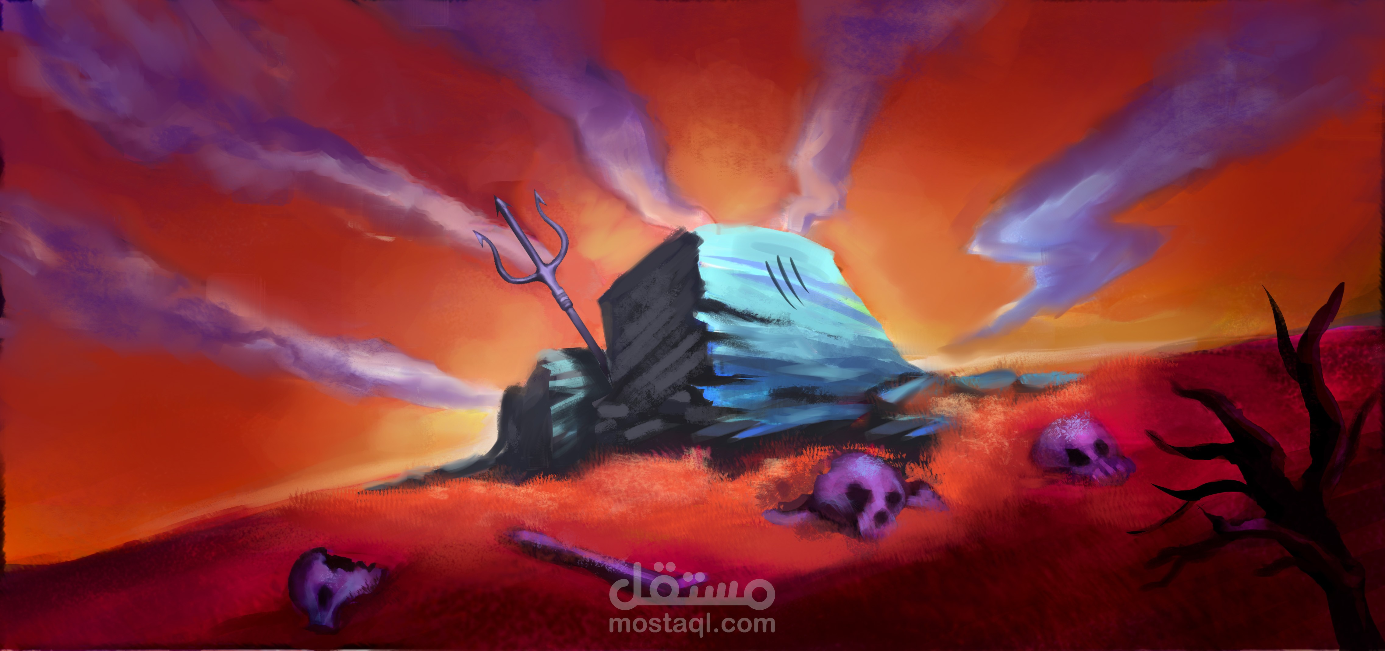 رسم ديجيتال لمنظر طبيعي نابض بالحياة مع ألوان متناسقة و معبره