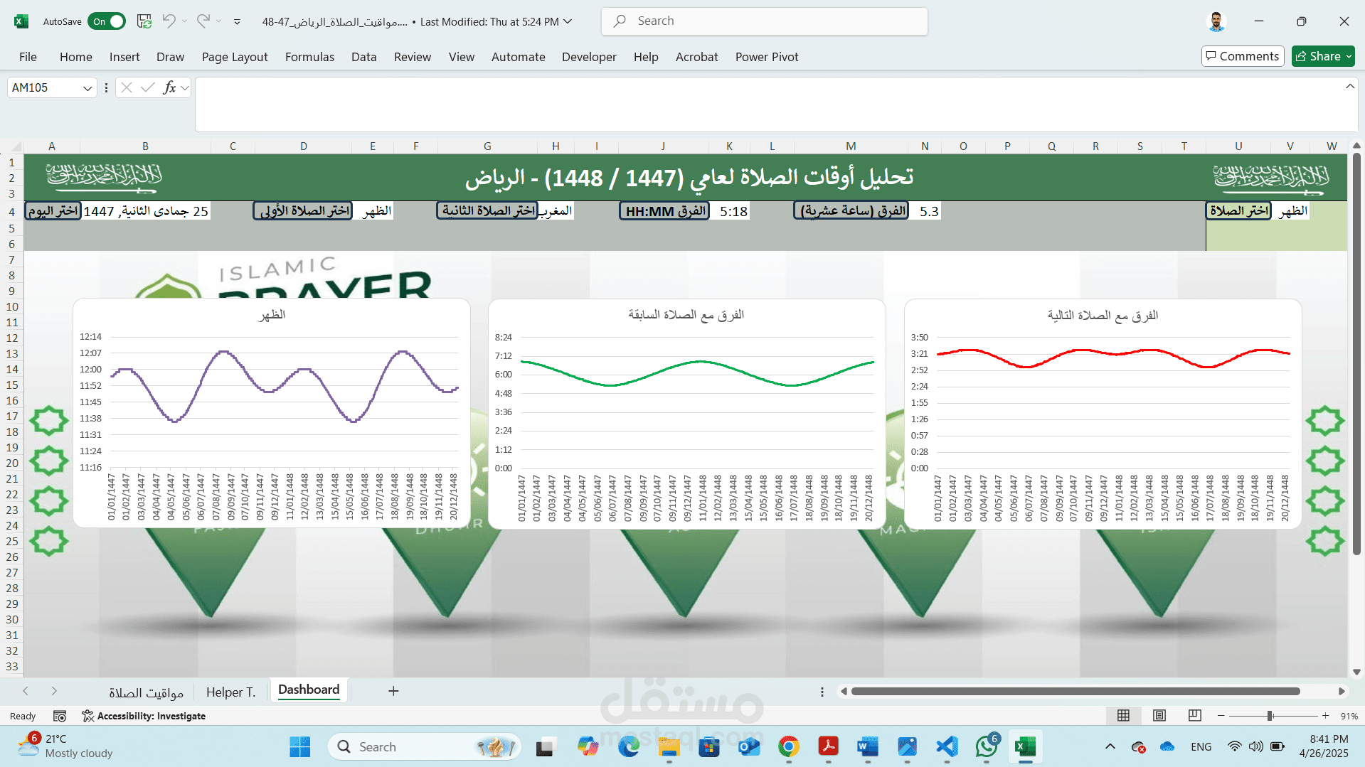 إنشاء Dashboard تفاعلية لمواقيت الصلاة بالمملكة العربية السعودية باستخدام اكسل Excel