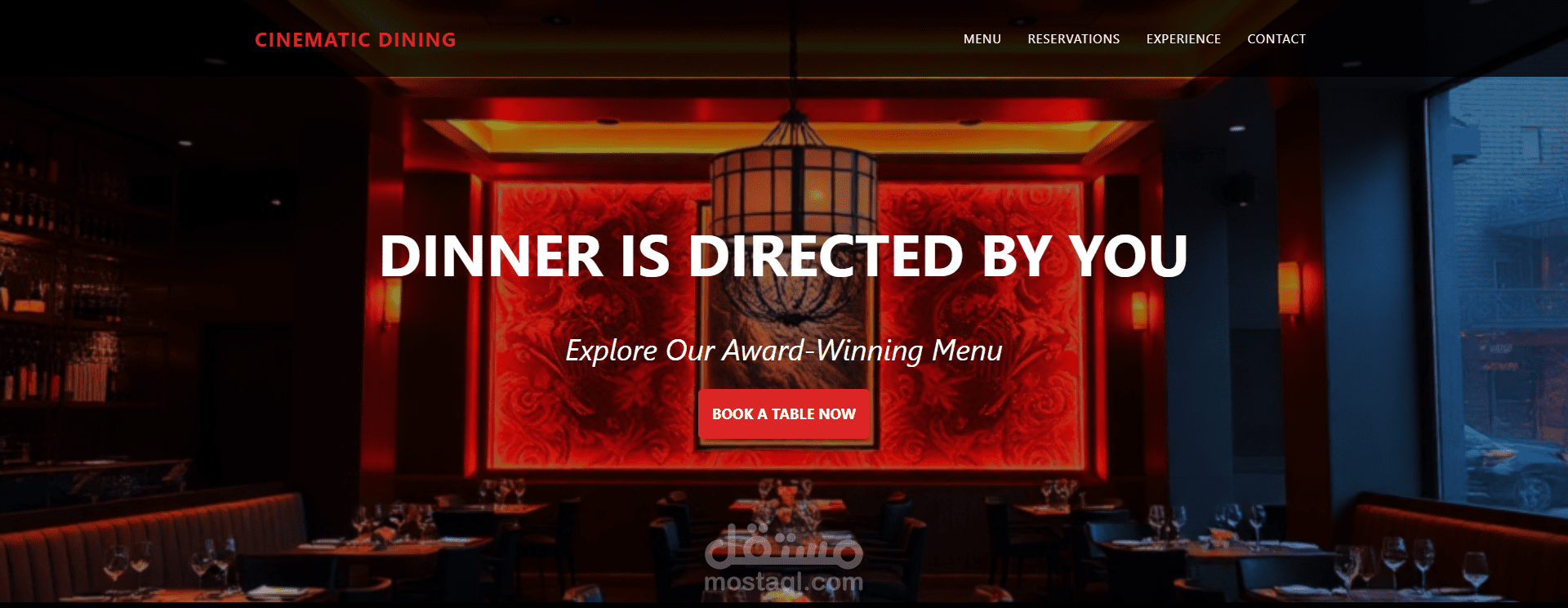 تصميم وتطوير واجهة موقع مطعم Cinematic Dining باستخدام HTML, CSS, Bootstrap