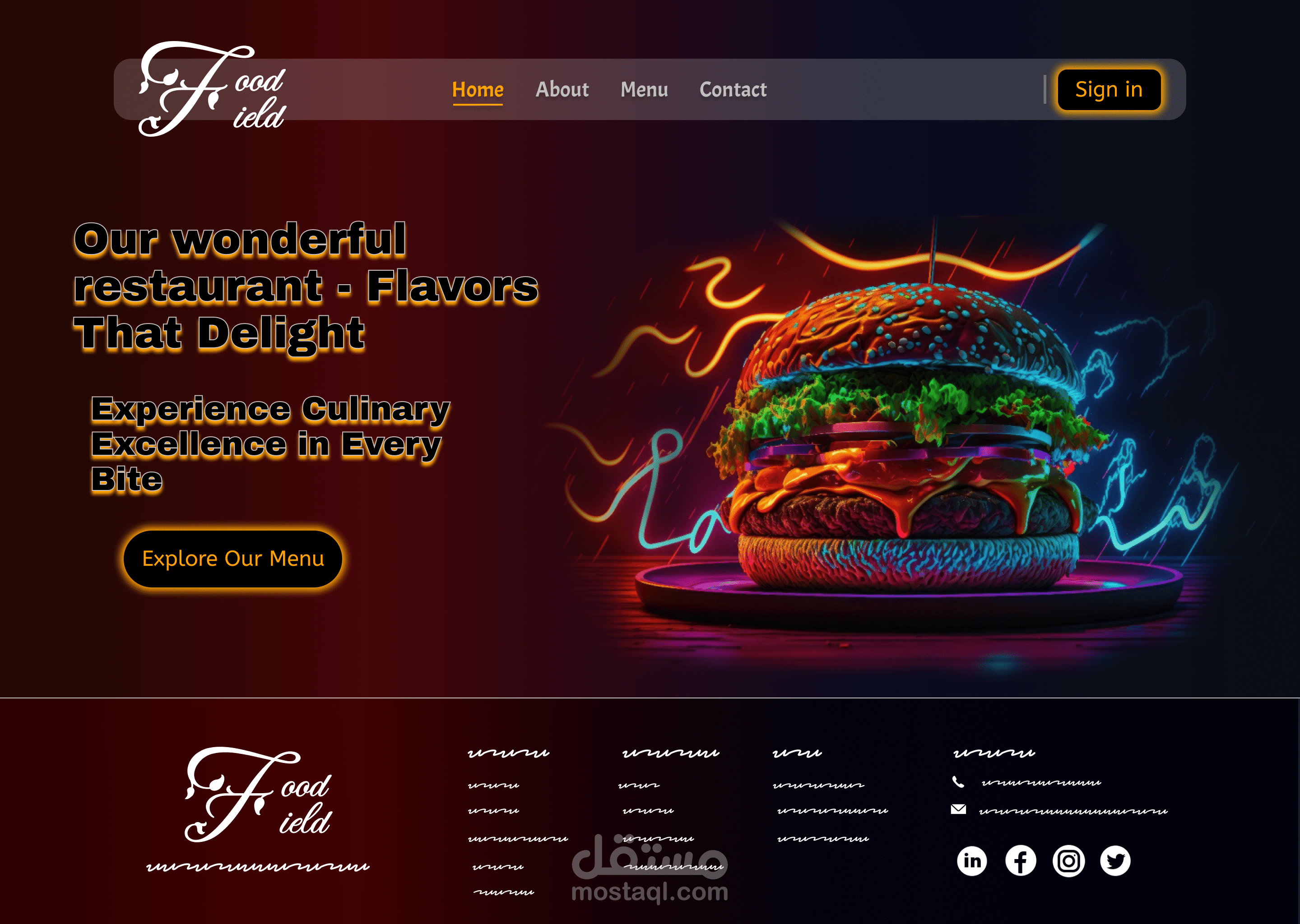 تصميم واجهة موقع لمطعم Food Field | صفحات: Home - About - Menu - Contact