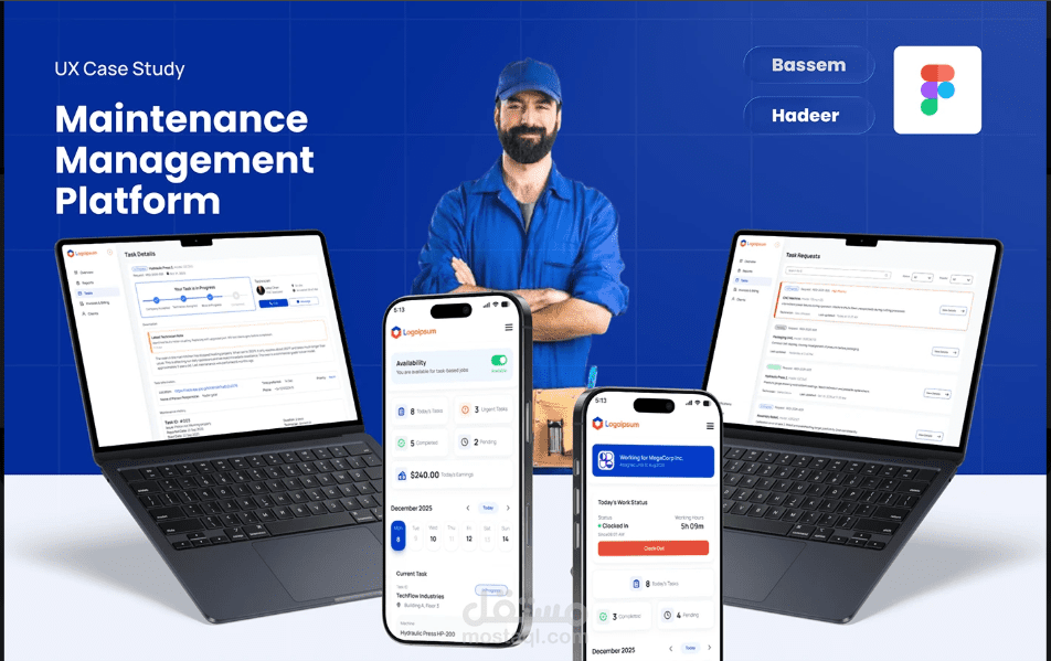 صميم UX/UI لمنصة SaaS متكاملة لإدارة عمليات الصيانة الصناعية وتطبيق جوال للفنيين