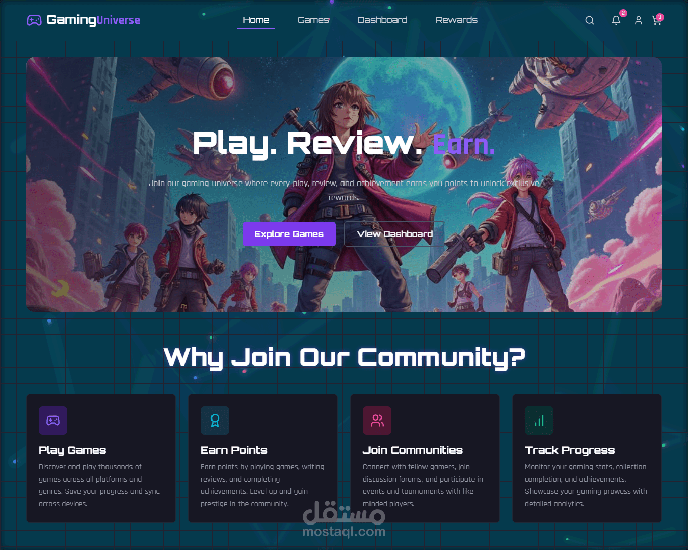 "G-Universe: موقع جيمينغ يتميز بتصميم عصري وحركات أنيميشن دقيقة تمنح تجربة بصرية مميزة."