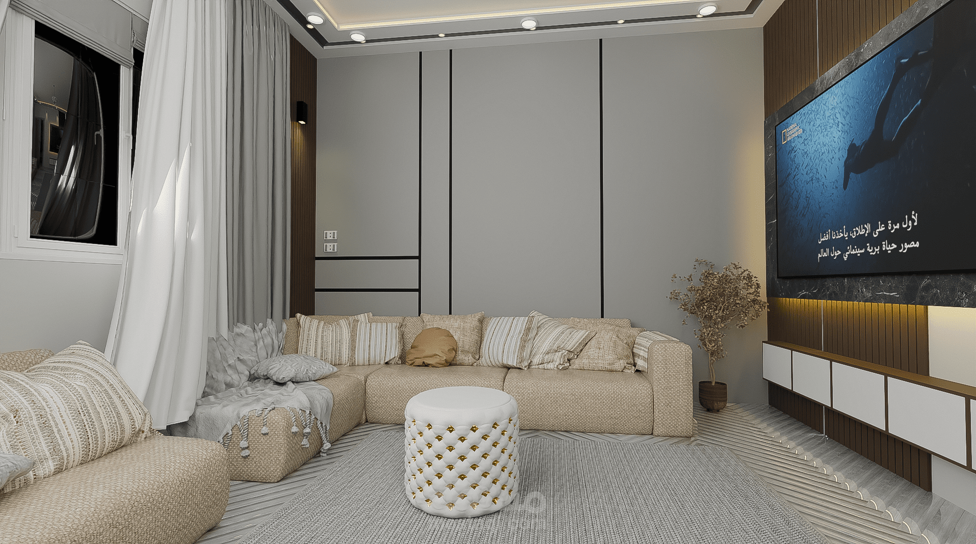 تصميم داخلي لصالة شقة سكنية بها شاشة وركنيه
