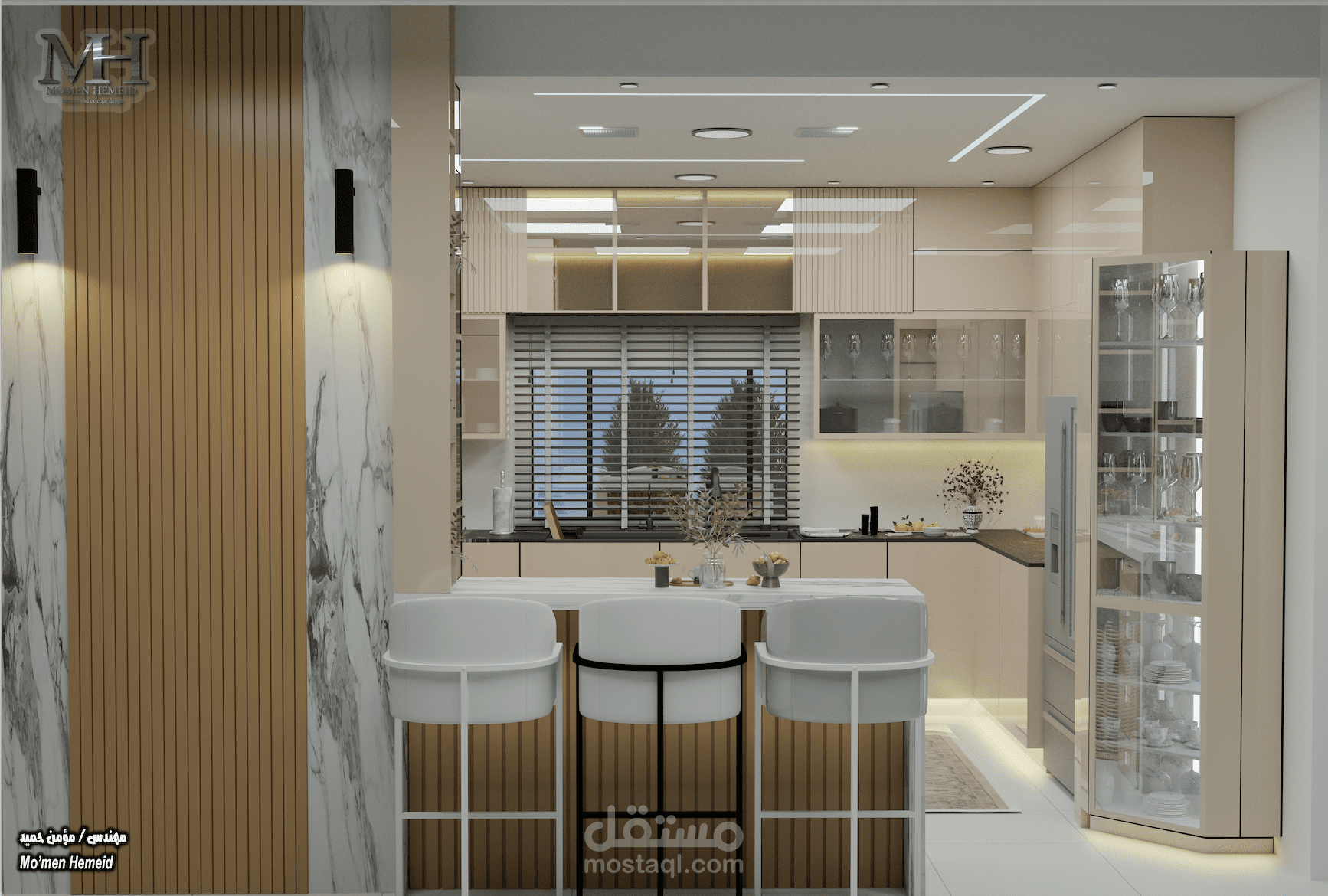 تصميم مطبخ مودرن مساحة 4*4 بيج لامع