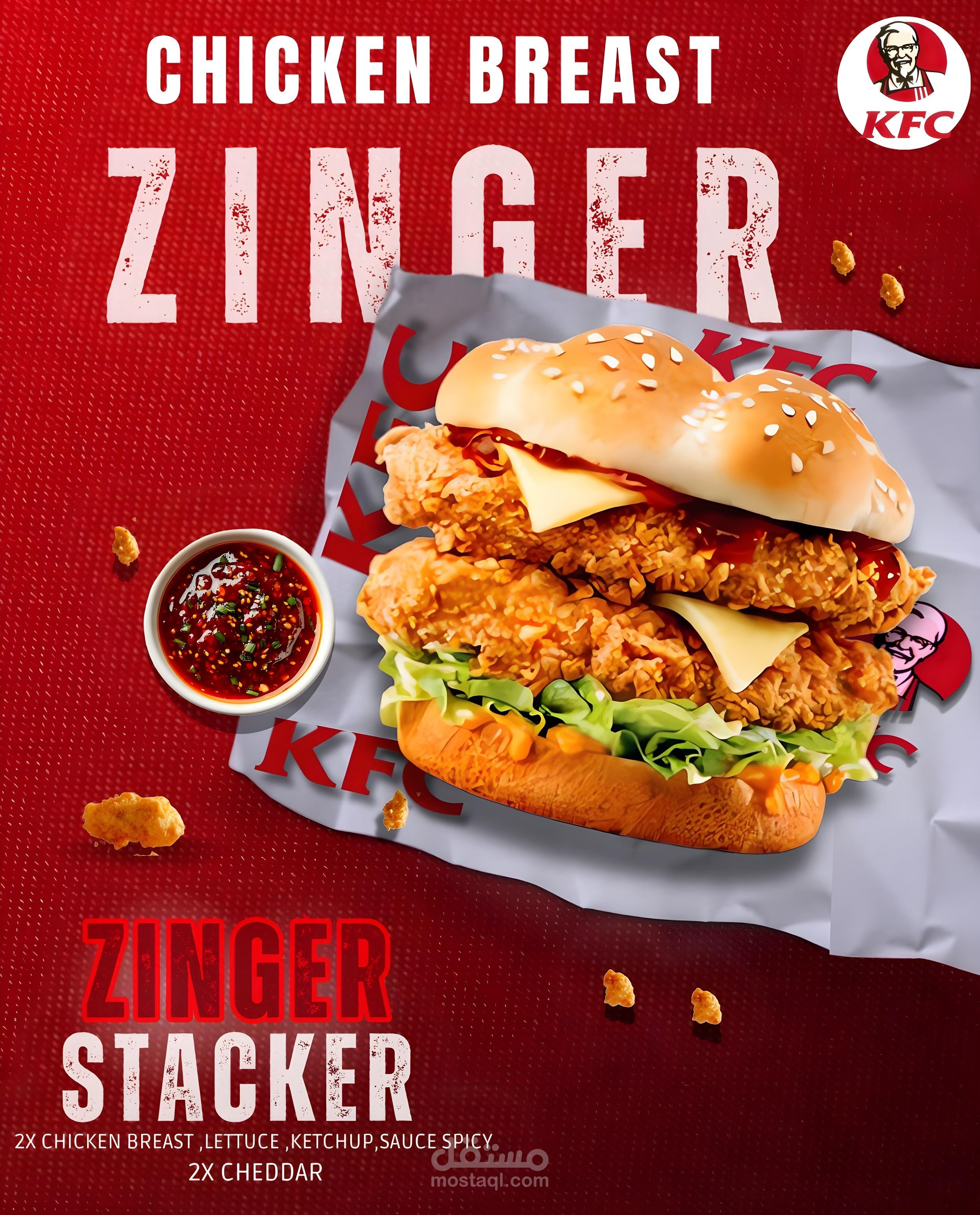 تصميم بوستر وجبة زنجر من KFC  – إعلان احترافي لوجبة زنجر من كنتاكي، بتصميم يجذب الانتباه.