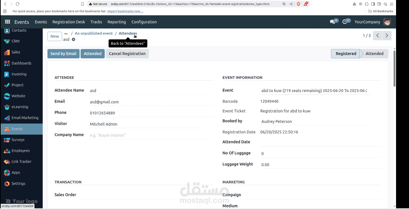 تعديل في برنامج Event odoo