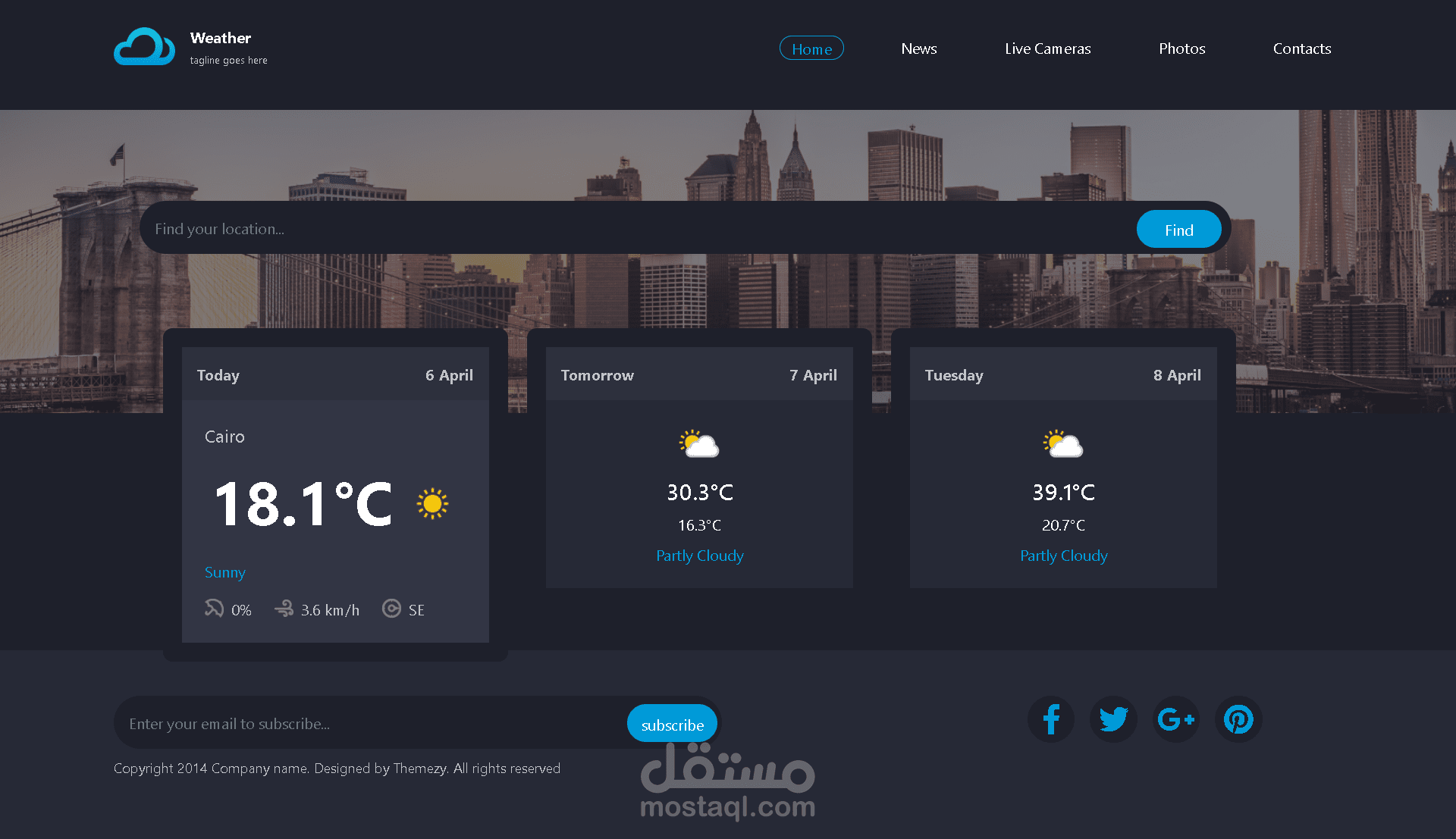 "تصميم واجهة مستخدم لموقع طقس يحتوي على عرض حالة الطقس الحالية والتنبؤات المستقبلية مع خيارات بحث ومشاركة عبر وسائل التواصل الاجتماعي."