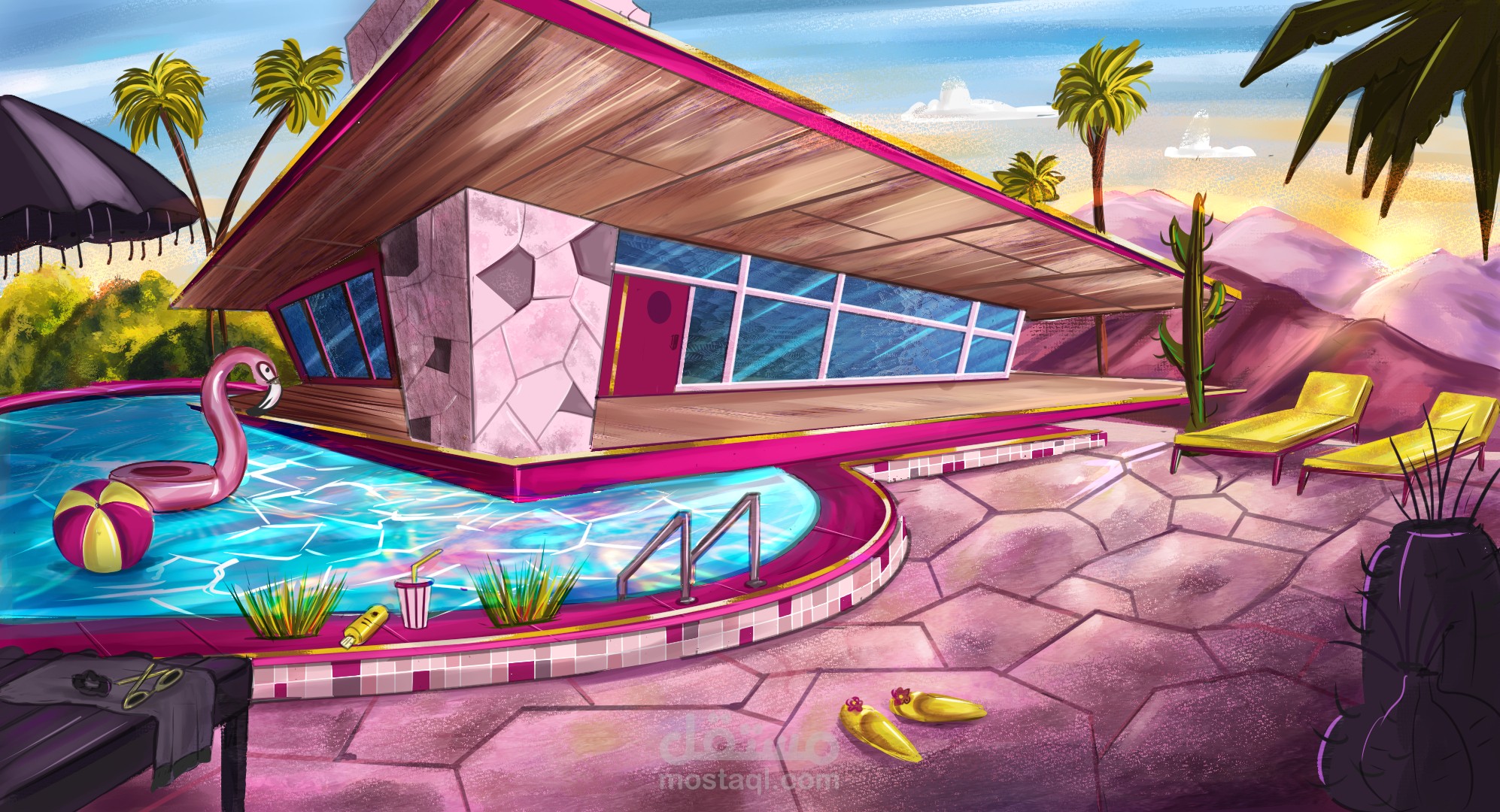 تصميم خلفية خارجية لبيت بشكل كارتوني لطيف