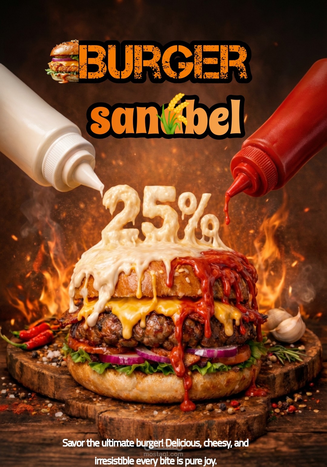 تصميم إعلان برجر مع خصم 25٪ وصوص لذيذ