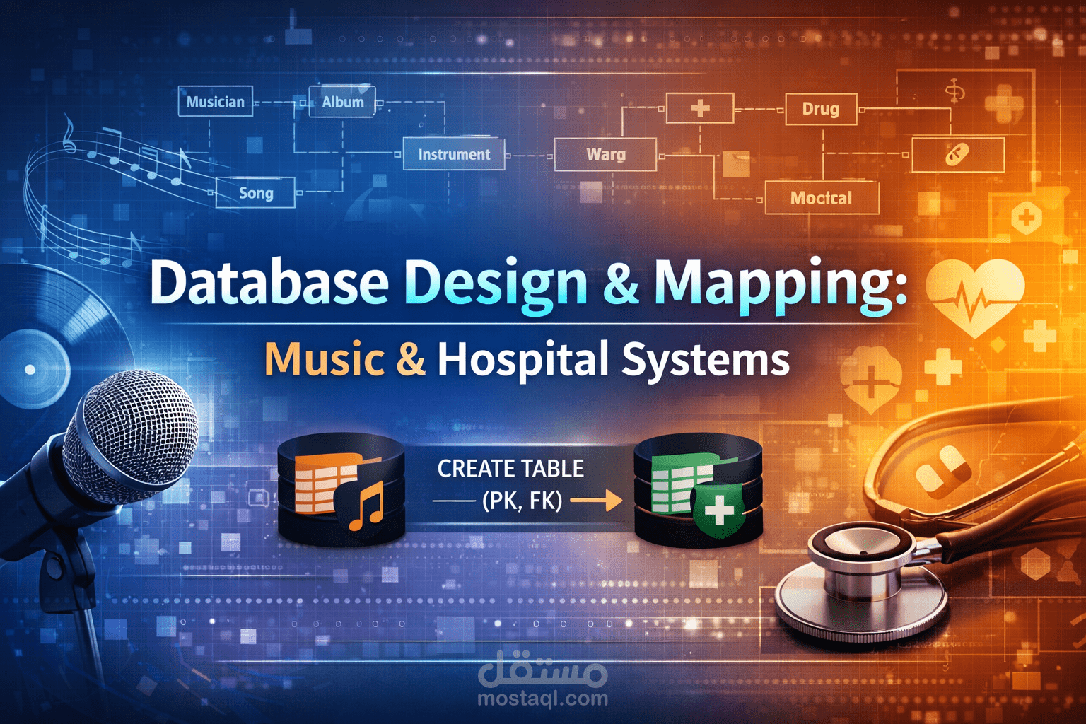 تصميم ERD وتحويله إلى Relational Schema لنظامين (الموسيقى والمستشفى)
