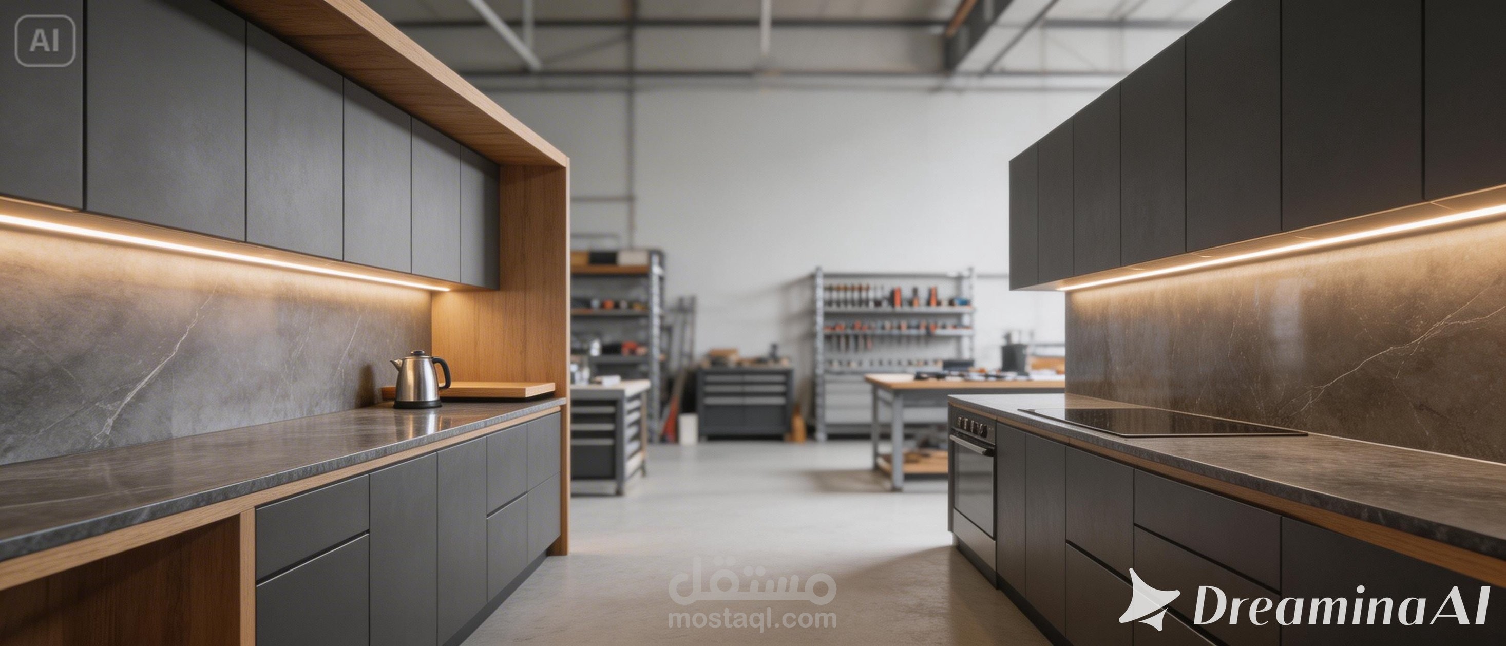 تصميم مطبخ ألومنيوم عصري: نموذج تجسيدي (Render) بواسطة الذكاء الاصطناعي