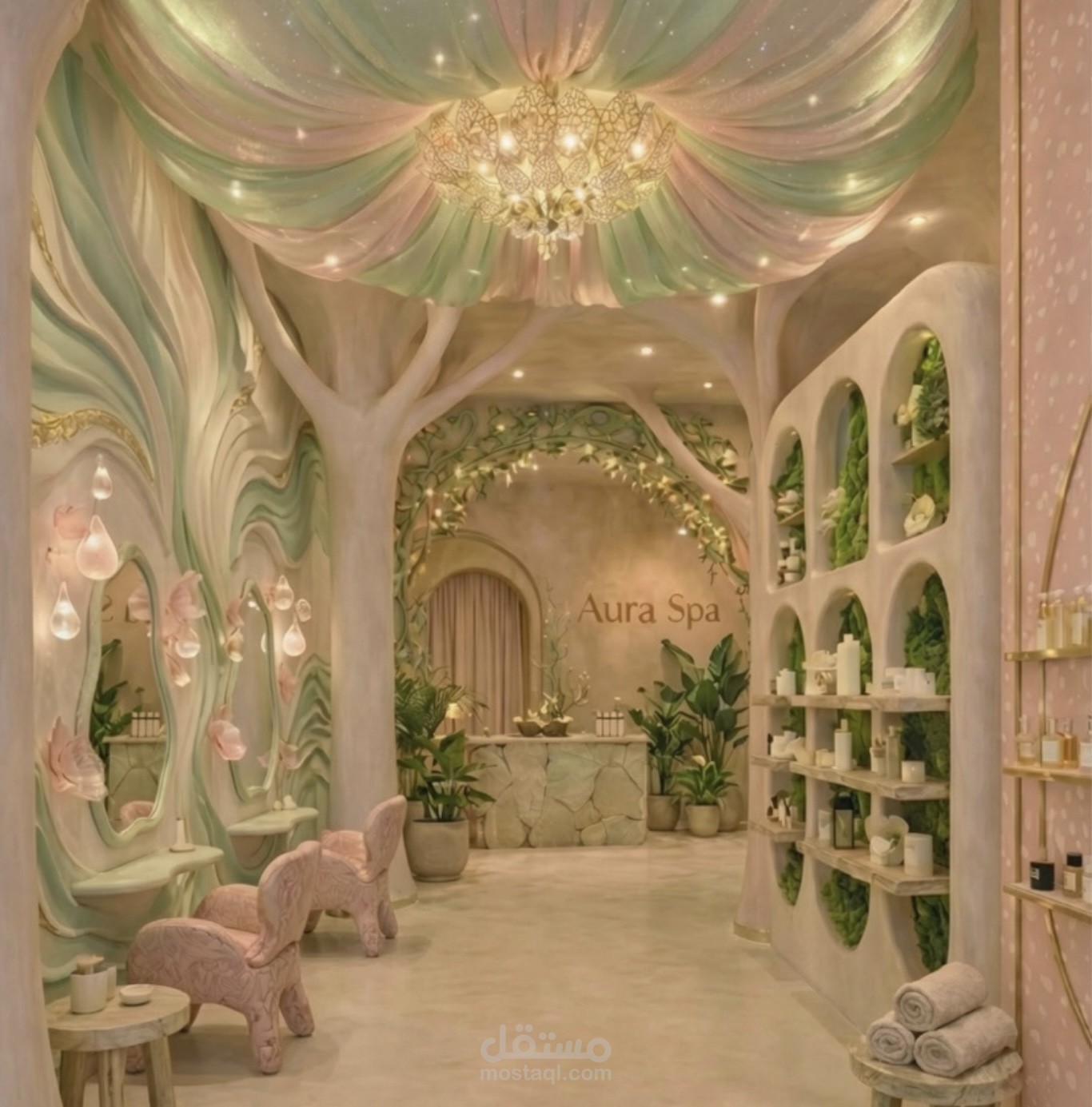 تصميم داخلي متكامل لمنتجع صحي فاخر (Aura Spa)