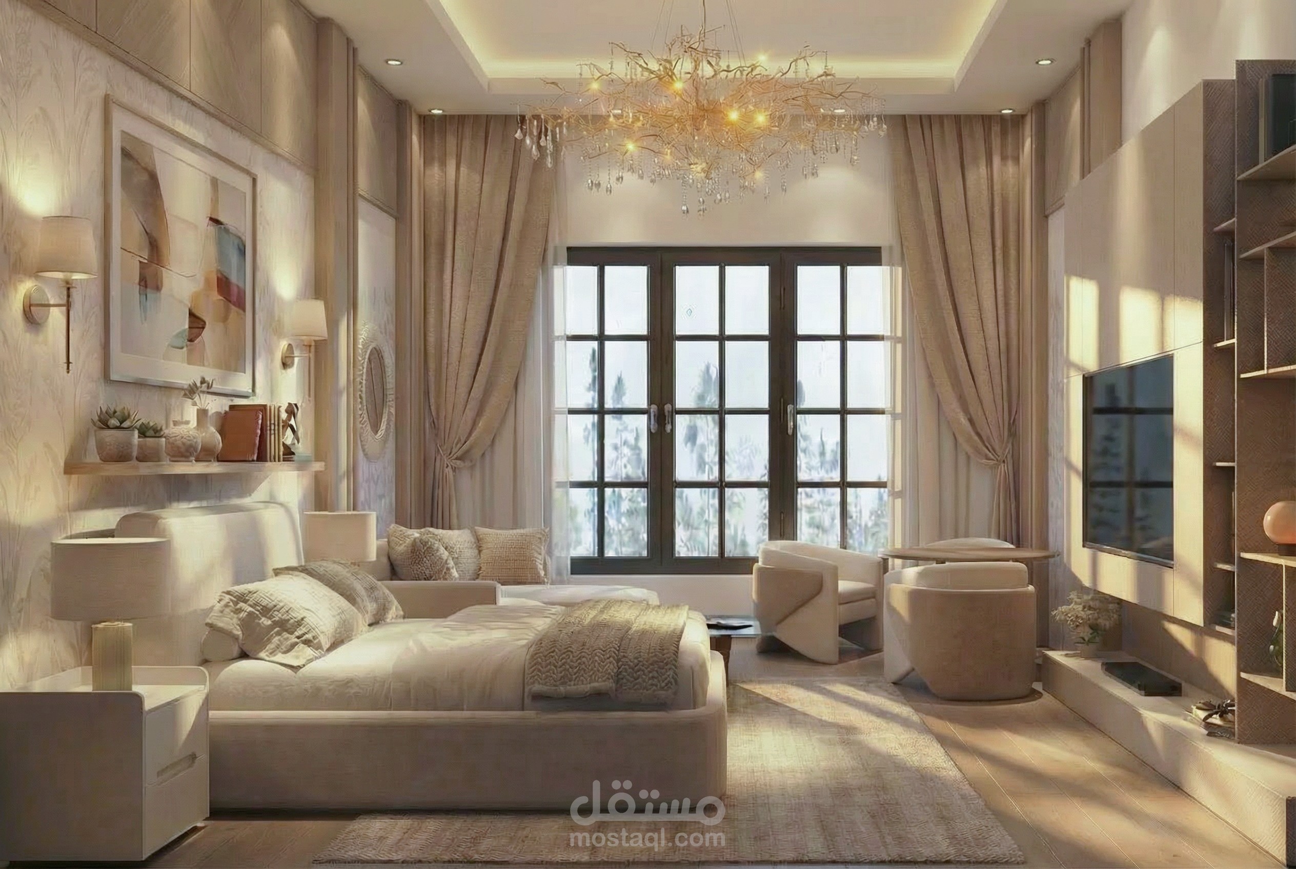 تصميم جناح نوم رئيسي بأسلوب نيو كلاسيك