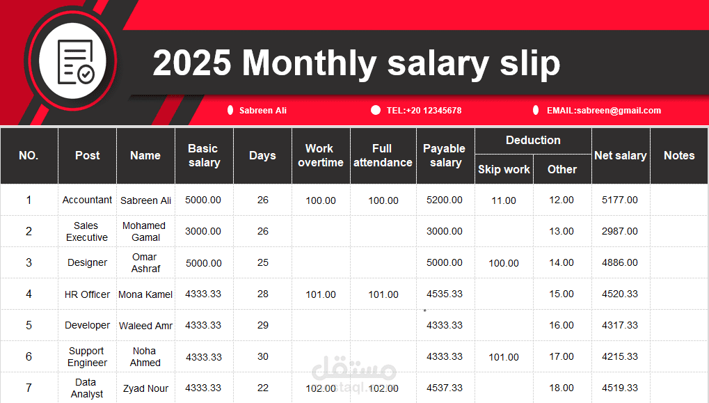 شيت إكسل لرواتب الموظفين