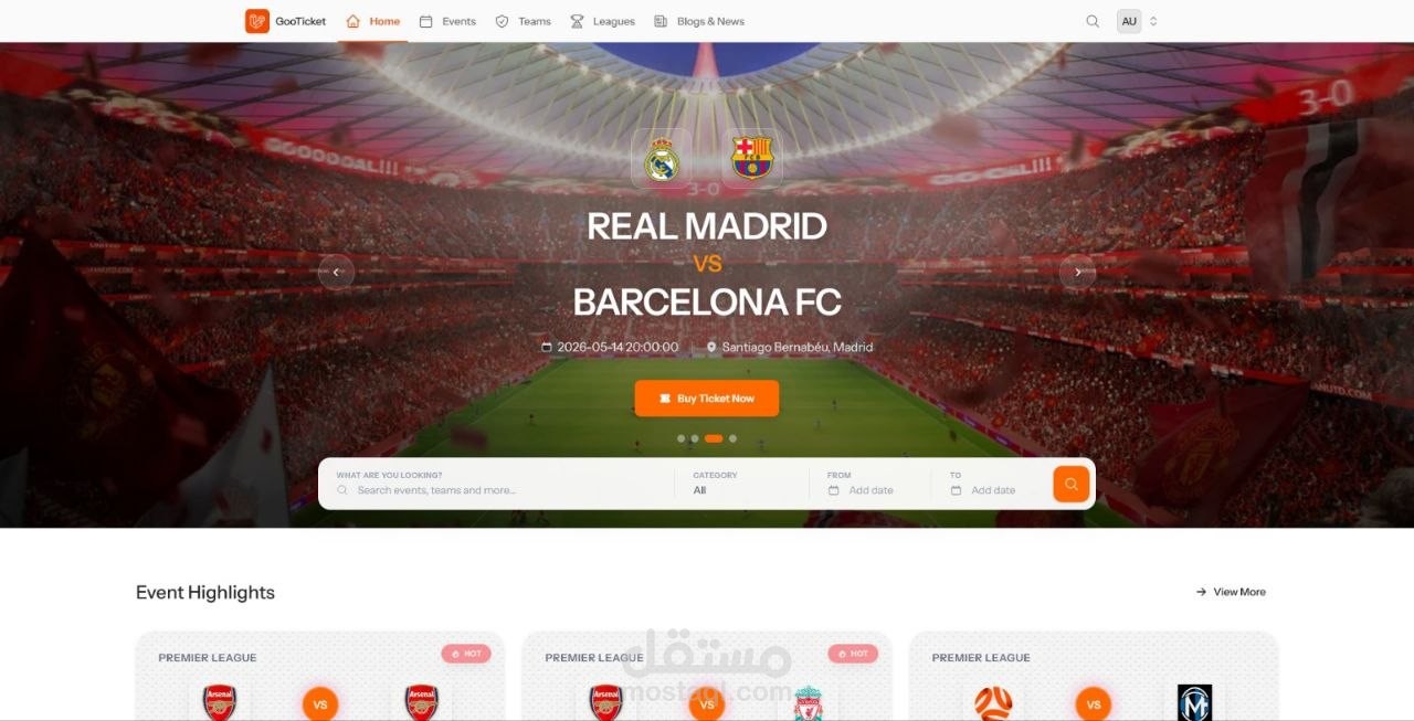 تصميم وتطوير موقع احترافي لحجز تذاكر المباريات والفعاليات الرياضية (Responsive Web Application)