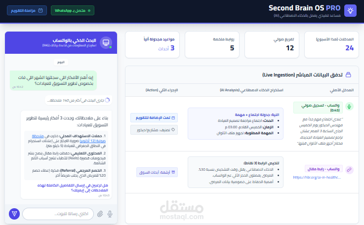 Second Brain OS PRO | مساعد تنفيذي ومحلل بيانات ذكي عبر (WhatsApp)