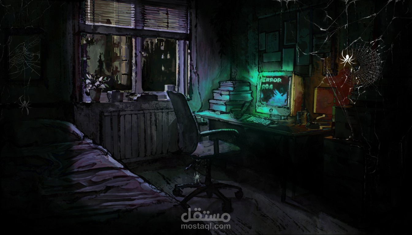 تصميم بيئة رقمية: غرفة مظلمة بطابع السايبر بانك