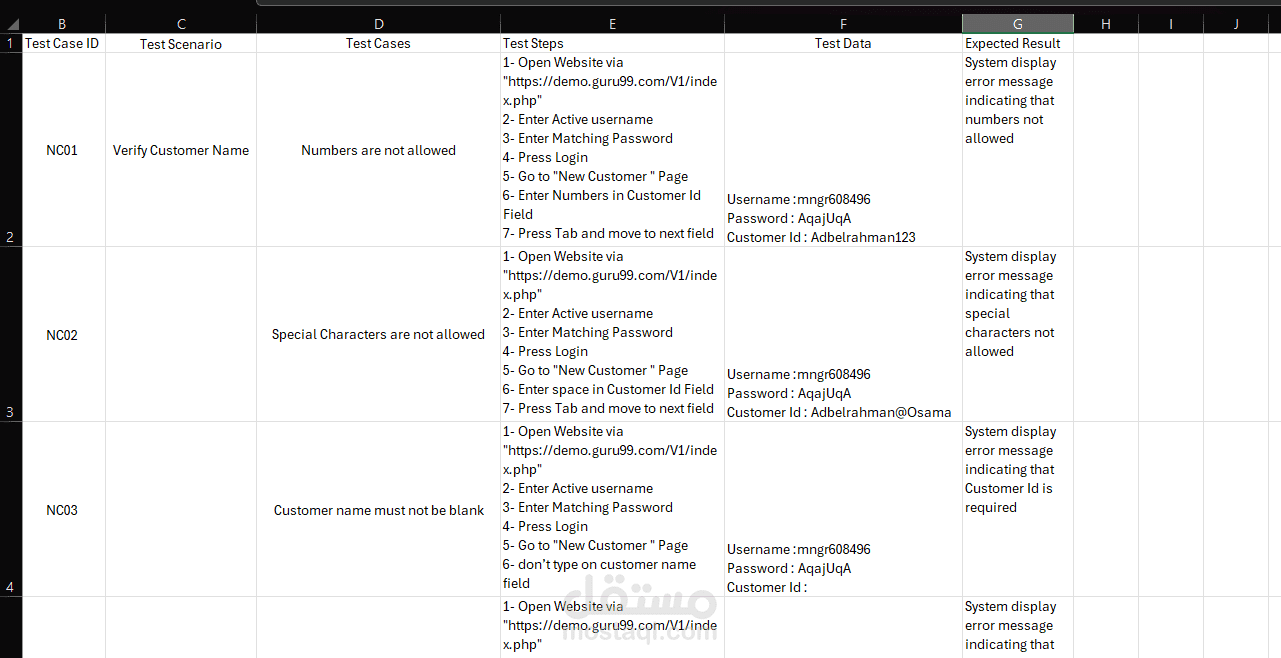 حالات اختبار التحقق من إدخال اسم العميل في نموذج التسجيل