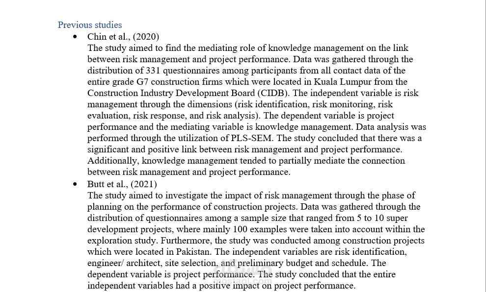 مثال على تلخيص مجموعة من الدراسات السابقة (Previous Studies)
