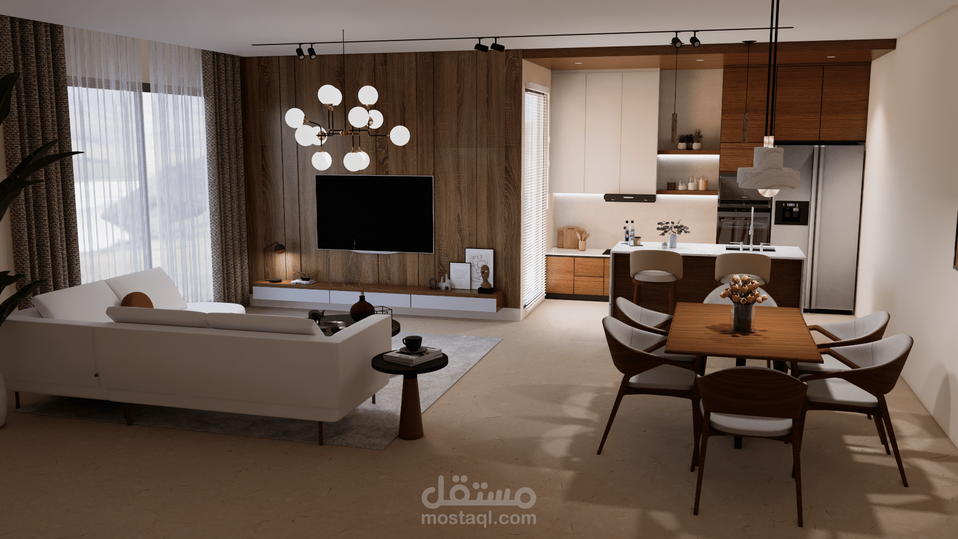 تصميم غرفة معيشة مع مطبخ مفتوح