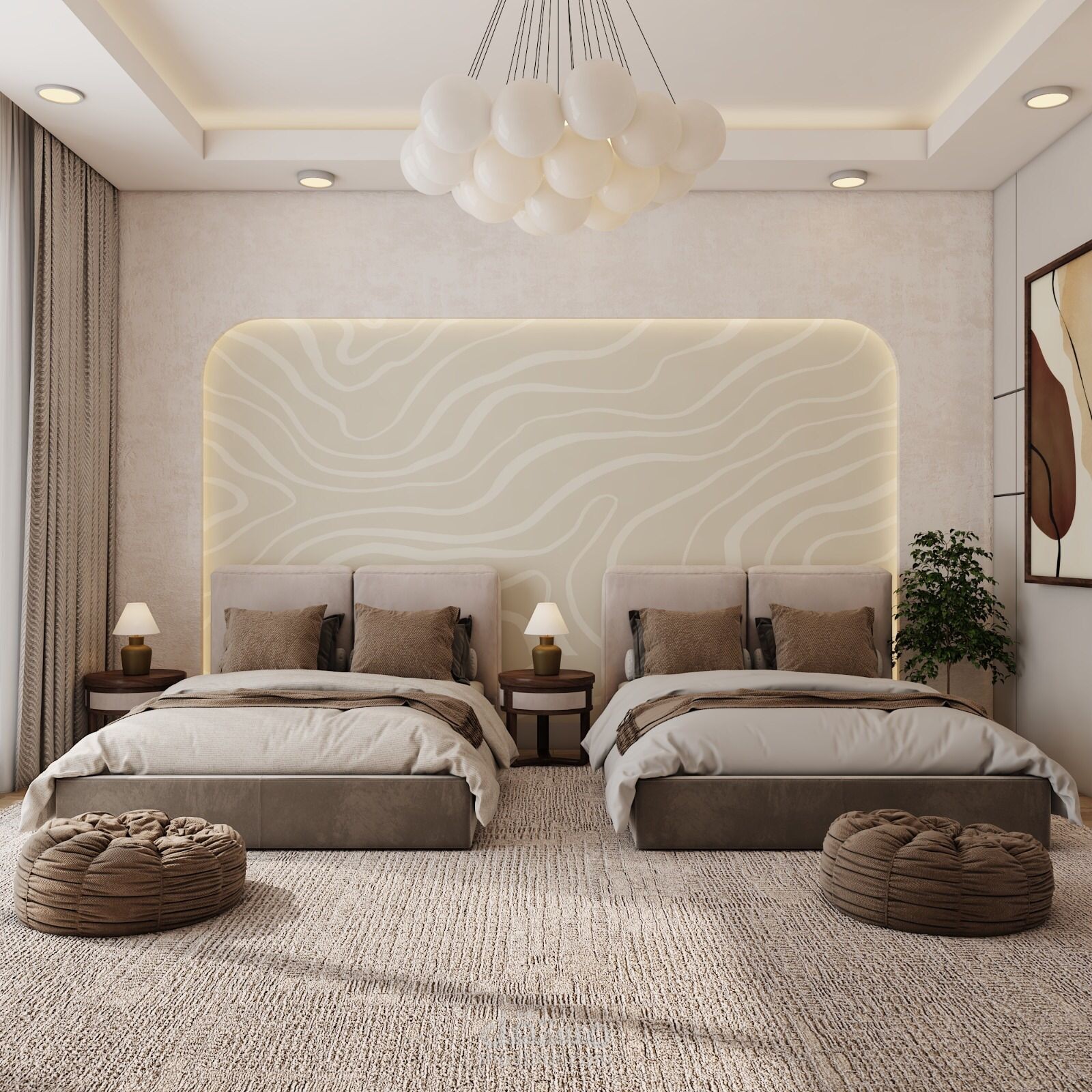 تصميم داخلي لفراغ غرفه نوم رئيسيه مع اظهار تصميم ديكور
