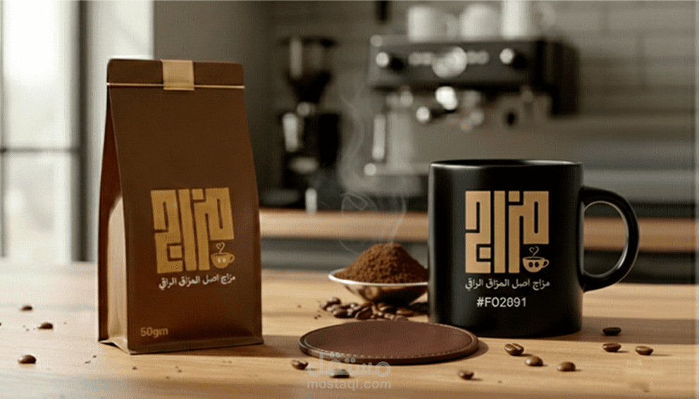 تصميم هوية بصرية مميزة لبراند قهوة "مزاج" تعكس الدفء والأصالة وتخلق تجربة لا تُنسى