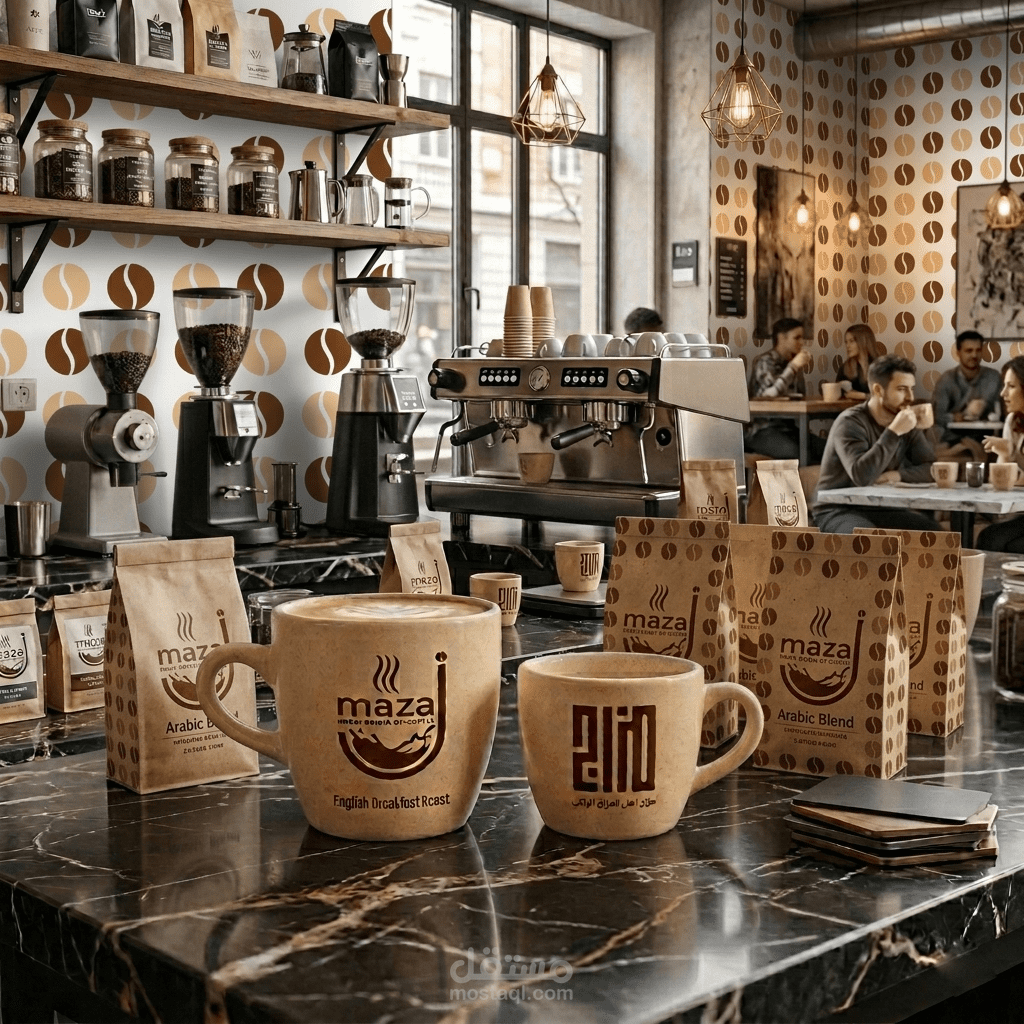 تصميم هوية بصرية مميزة لبراند قهوة "مزاج" تعكس الدفء والأصالة وتخلق تجربة لا تُنسى