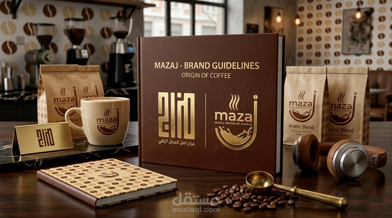 تصميم هوية بصرية مميزة لبراند قهوة "مزاج" تعكس الدفء والأصالة وتخلق تجربة لا تُنسى