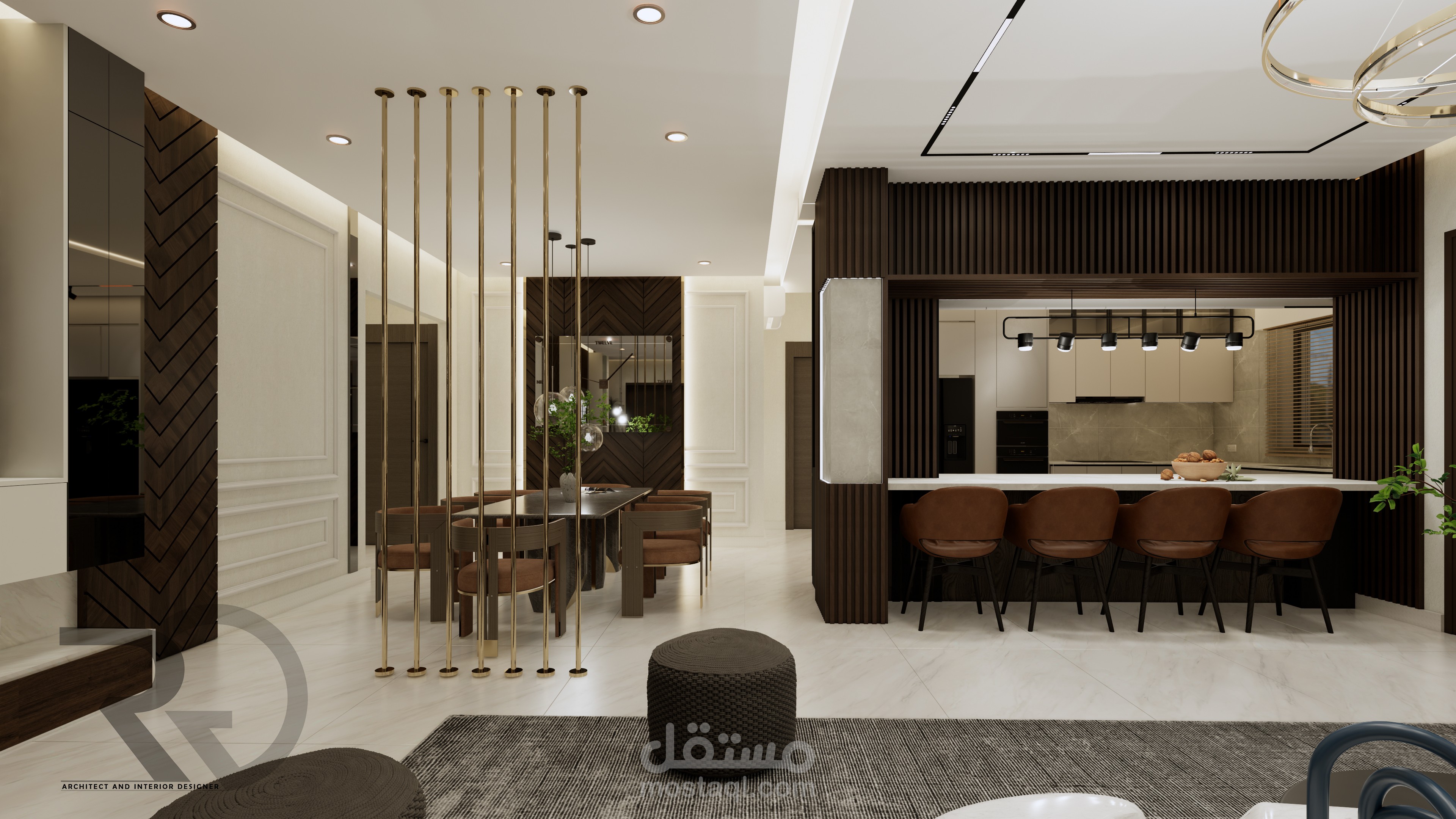 تصميم داخلي | غرفة معيشة, سفرة, و مطبخ