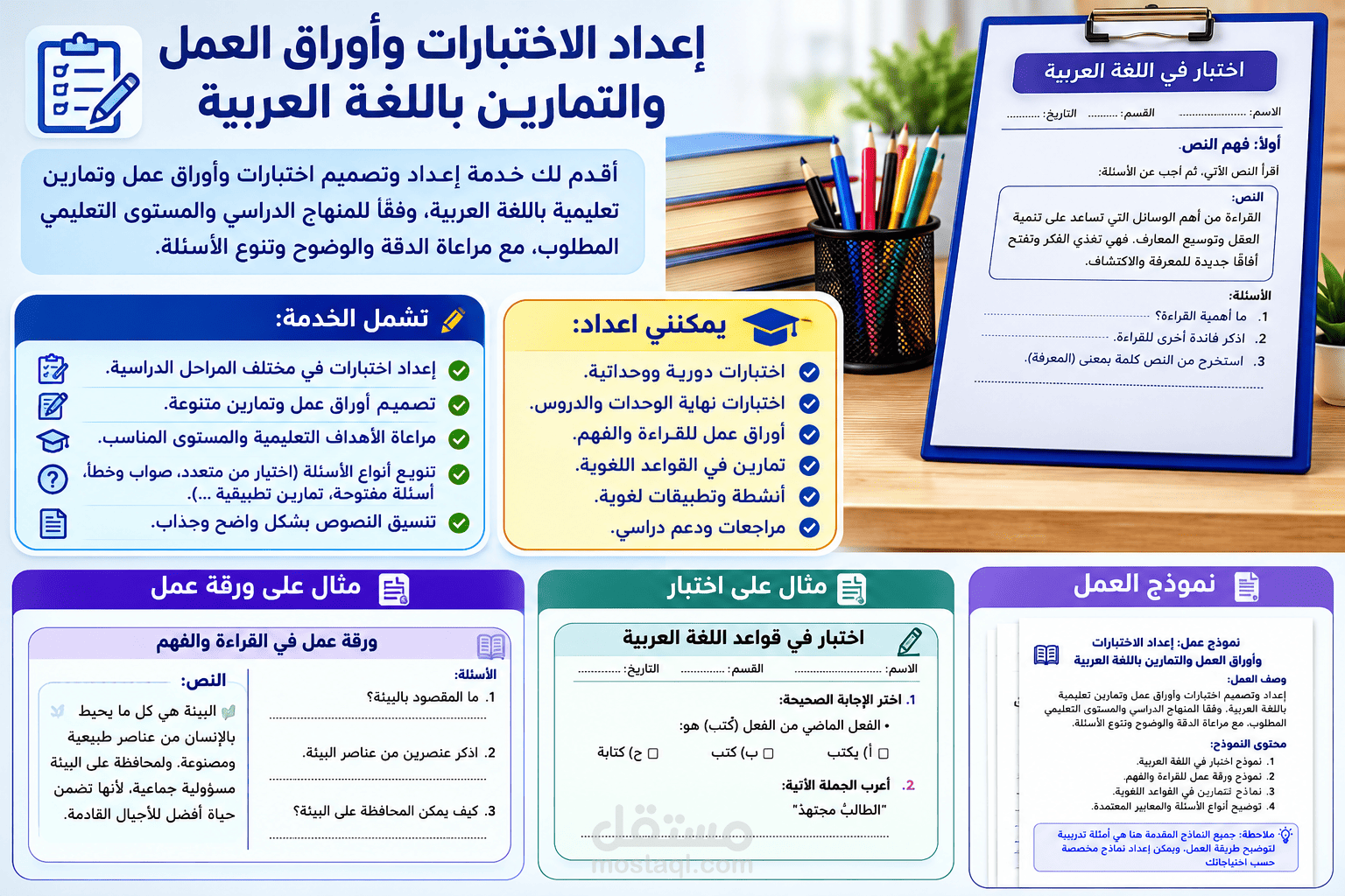 إعداد الاختبارات وأوراق العمل والتمارين باللغة العربية حسب المستوى الدراسي