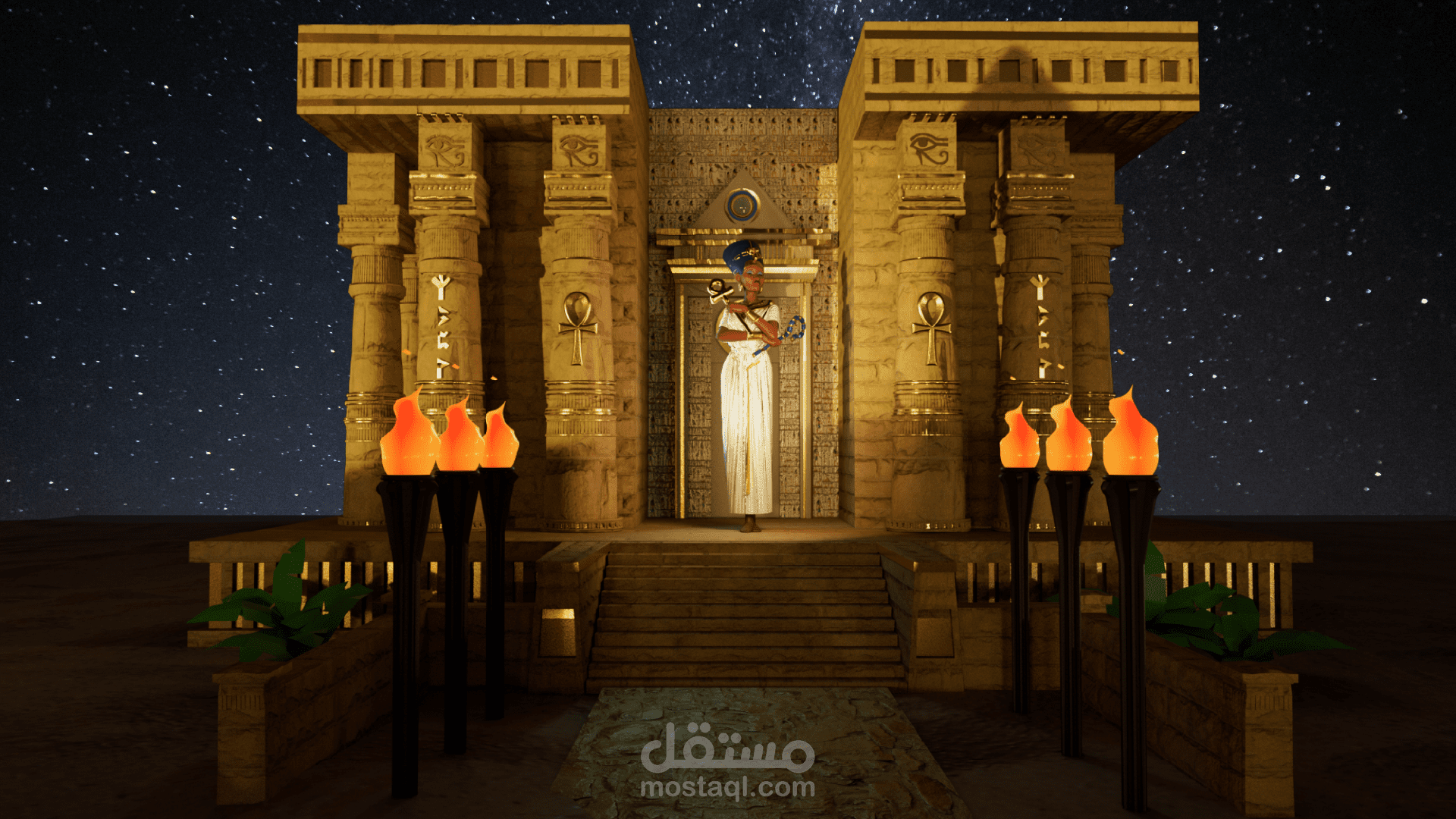 مشهد ثلاثي الأبعاد لمعبد فرعوني بأسلوب سينمائي