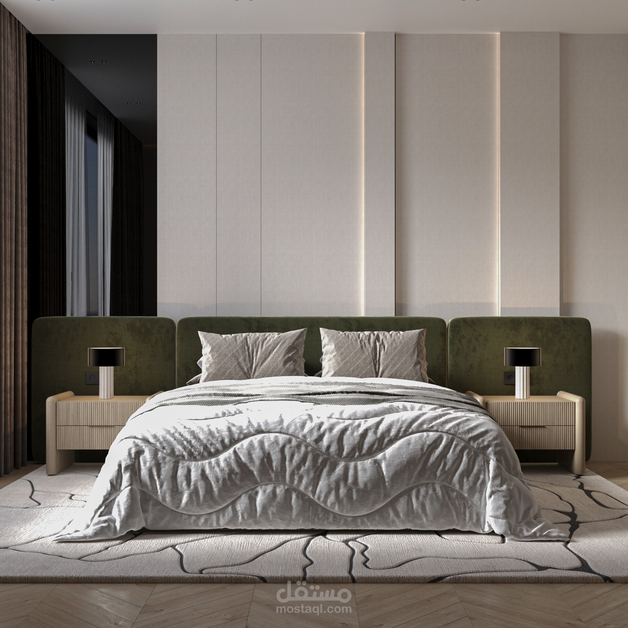 تصميم غرفة نوم عصرية 3D مع المخططات التنفيذية في السعودية