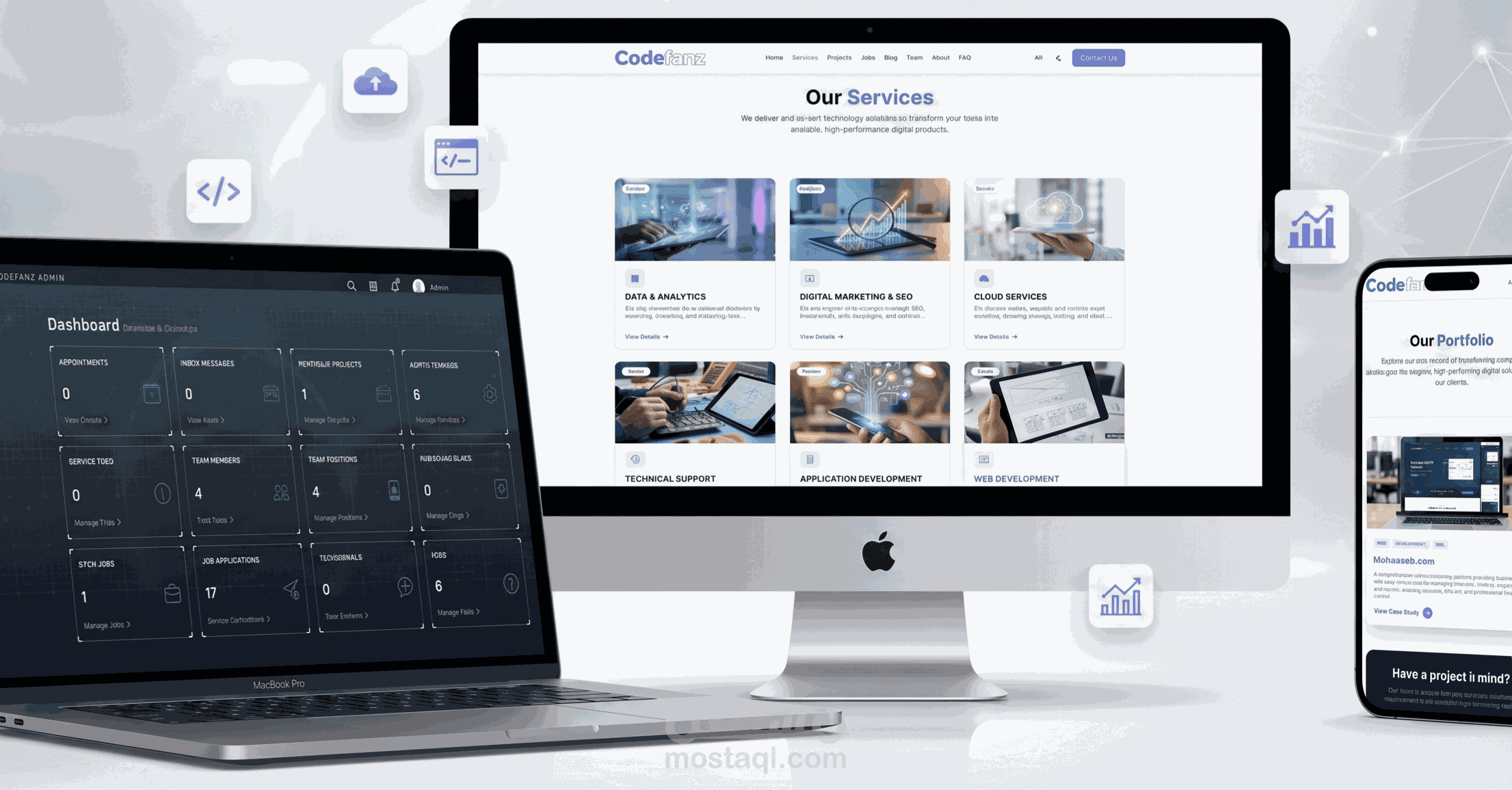 تصميم وبرمجة منصة Codefanz للخدمات التقنية (متجاوب بالكامل + لوحة تحكم شاملة)