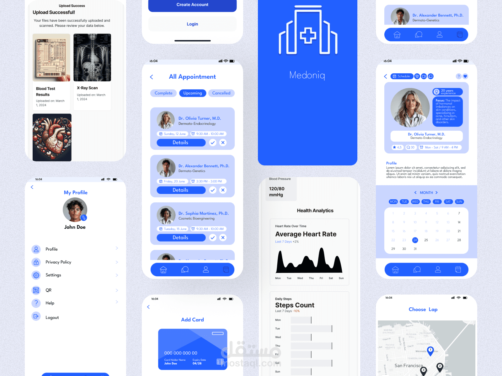 تصميم UI/UX لتطبيق موبايل طبي ذكي لإدارة الخدمات الصحية مع لوحة تحكم احترافية