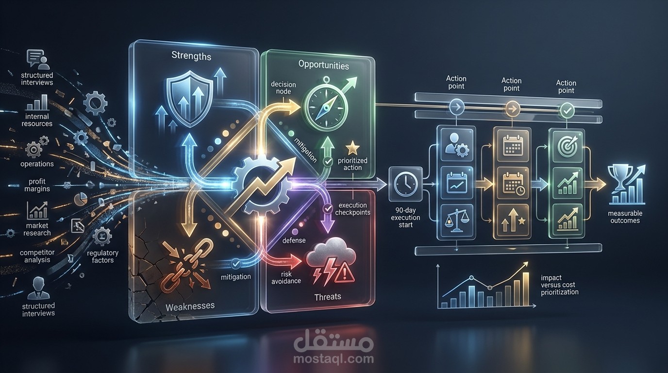 العنوان: تحليل SWOT تطبيقي — من أربعة مربعات إلى قرارات ذات أولوية
