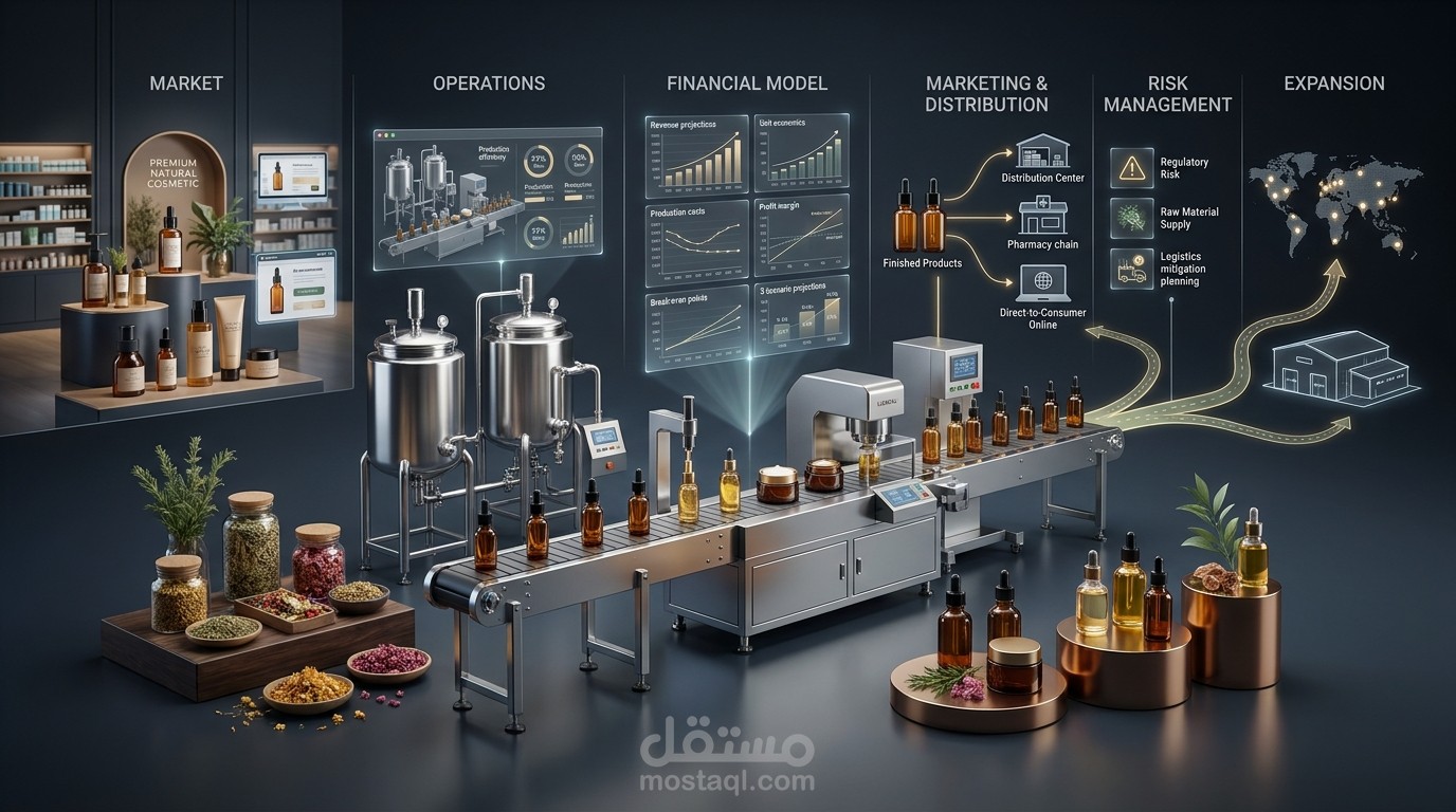 دراسة جدوى متكاملة لتصنيع وتعبئة الزيوت الطبية ومستحضرات التجميل الطبيعية — نموذج تطبيقي