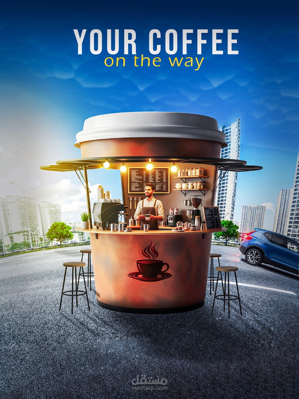 تصميم إعلان "Your Coffee on the Way"