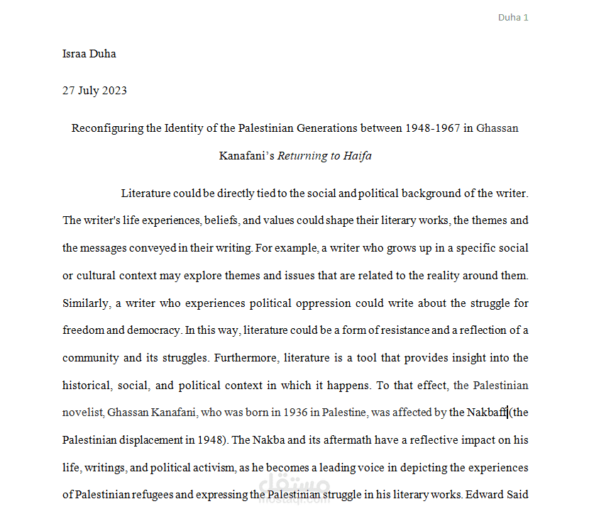 Research paper: Reconfiguring the Identity of the Palestinian Generations between 1948-1967 in Ghassan Kanafani’s Returning to Haifa