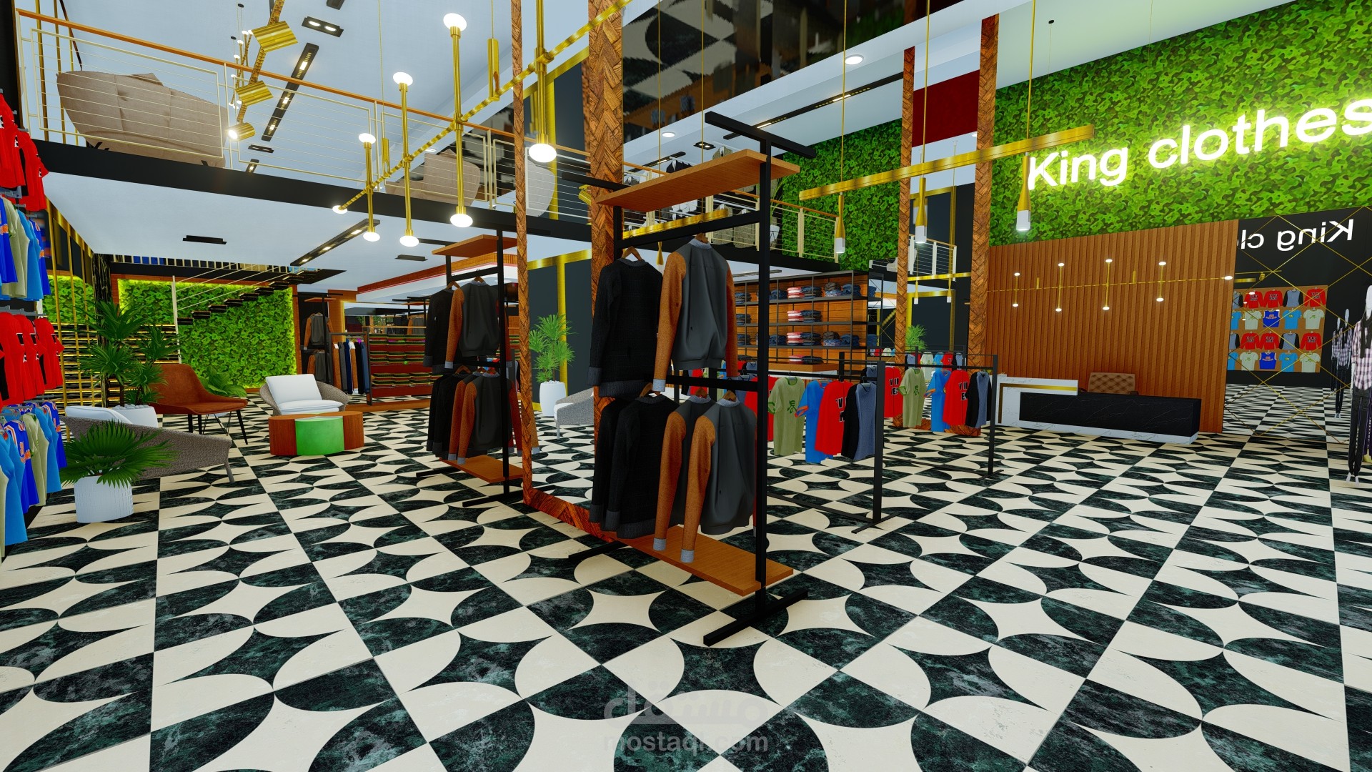 تصميم داخلي ثلاثي الأبعاد لمحل ملابس رجالي وشبابي بطابع عصري وراقي (طابقين)