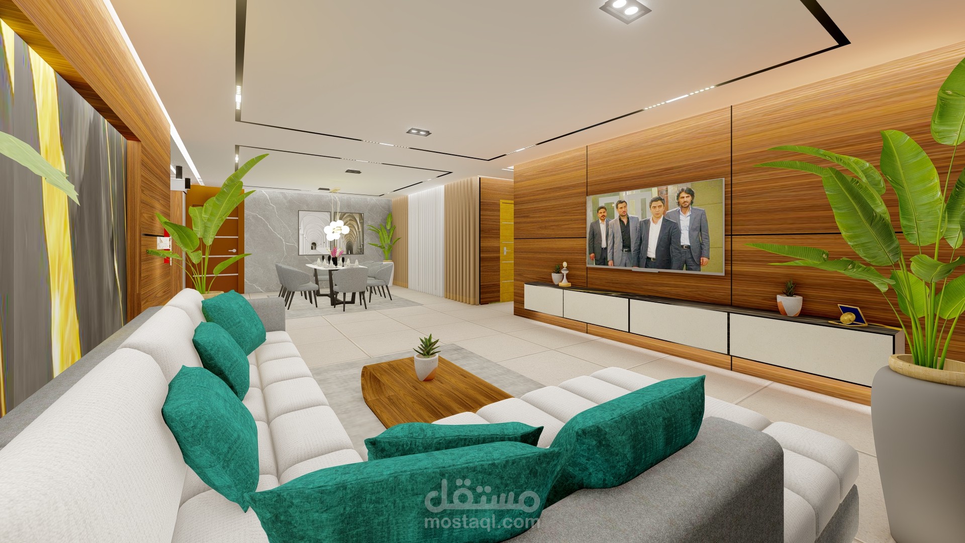 تصميم داخلي عصري لمعيشة مفتوحة على منطقة طعام – لمسة دافئة وأناقة حديثة