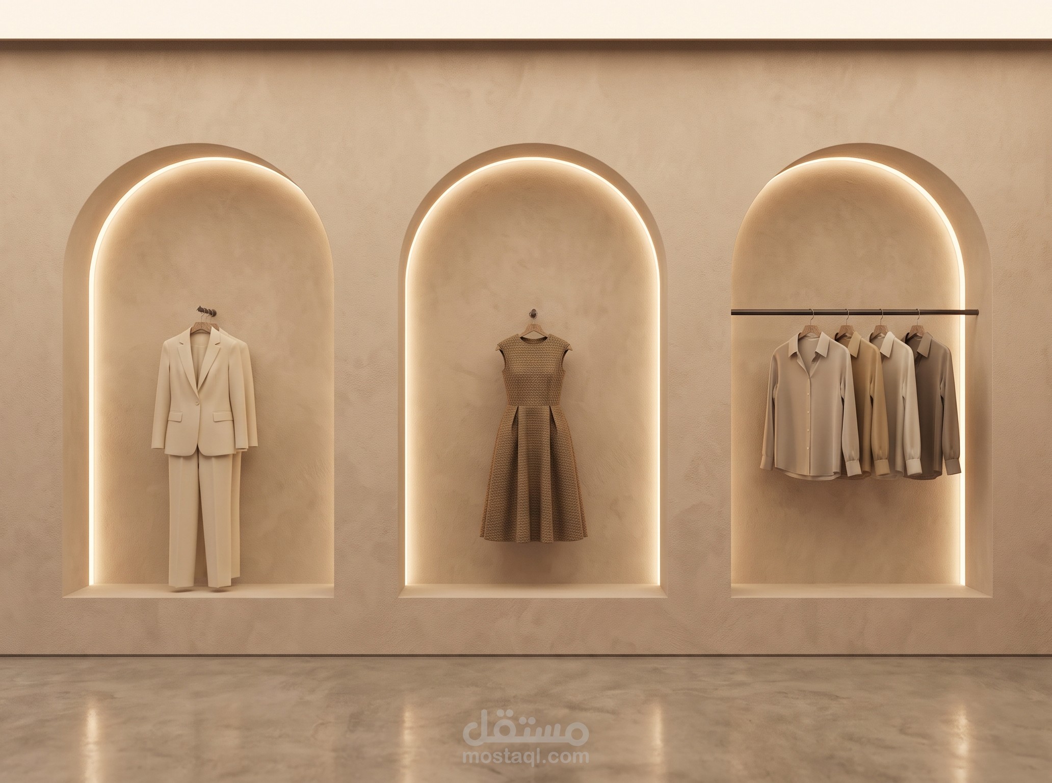 تصميم داخلي وإظهار ثلاثي الأبعاد لمتجر ملابس راقٍ (Minimalist Clothing Boutique)