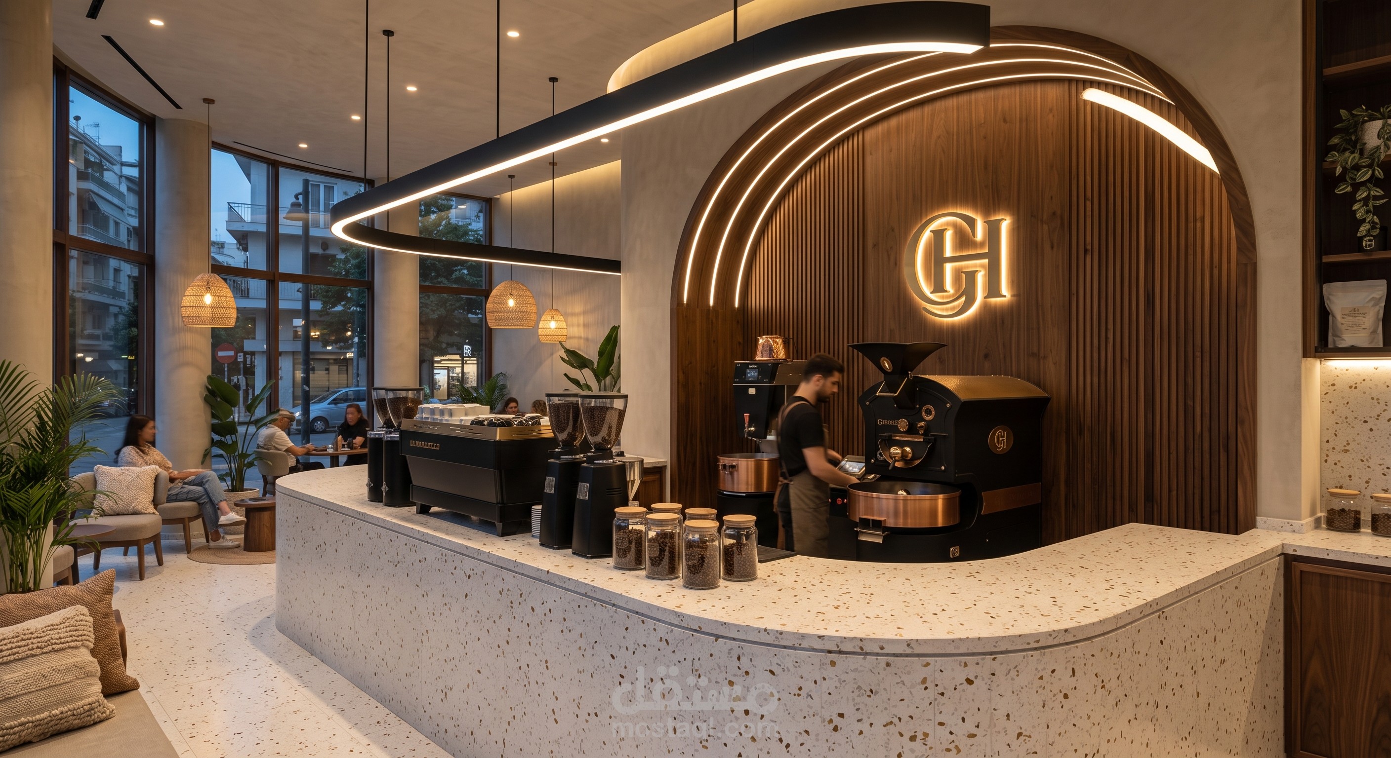 تصميم داخلي وإظهار ثلاثي الأبعاد لمقهى ومحمصة قهوة مختصة (Specialty Coffee & Roastery)