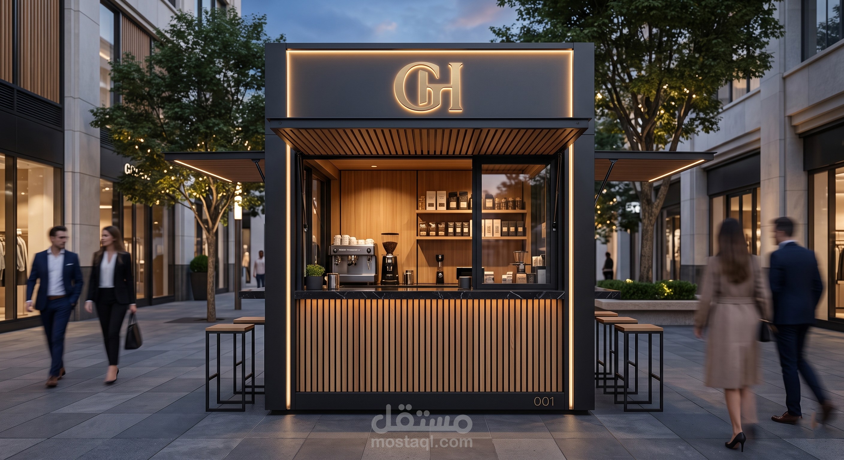 تصميم معماري وداخلي لكشك قهوة خارجي ذكي ومودرن (Modular Coffee Kiosk)