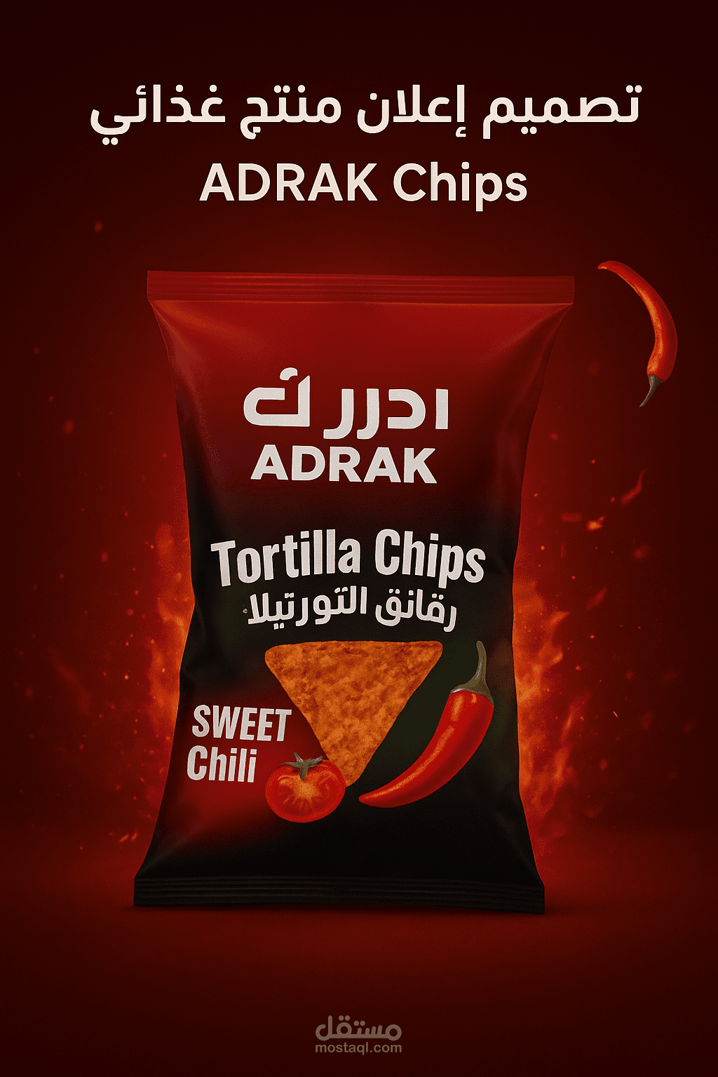 تصميم إعلان ترويجي لمنتج رقائق التورتيلا (Sweet Chili) لشركة ADRAK