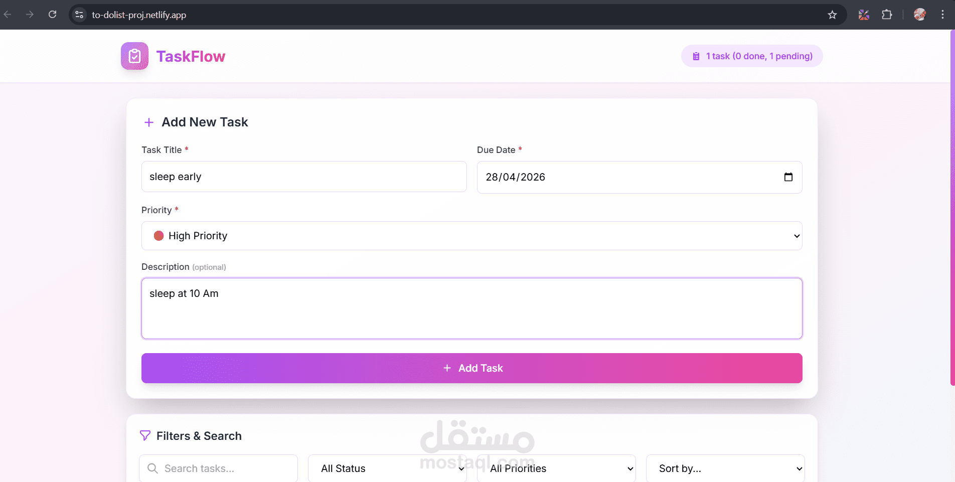 تطبيق إدارة مهام متقدم مع فلترة وبحث وتخزين محلي | Advanced To-Do List App with Filters & Local Storage
