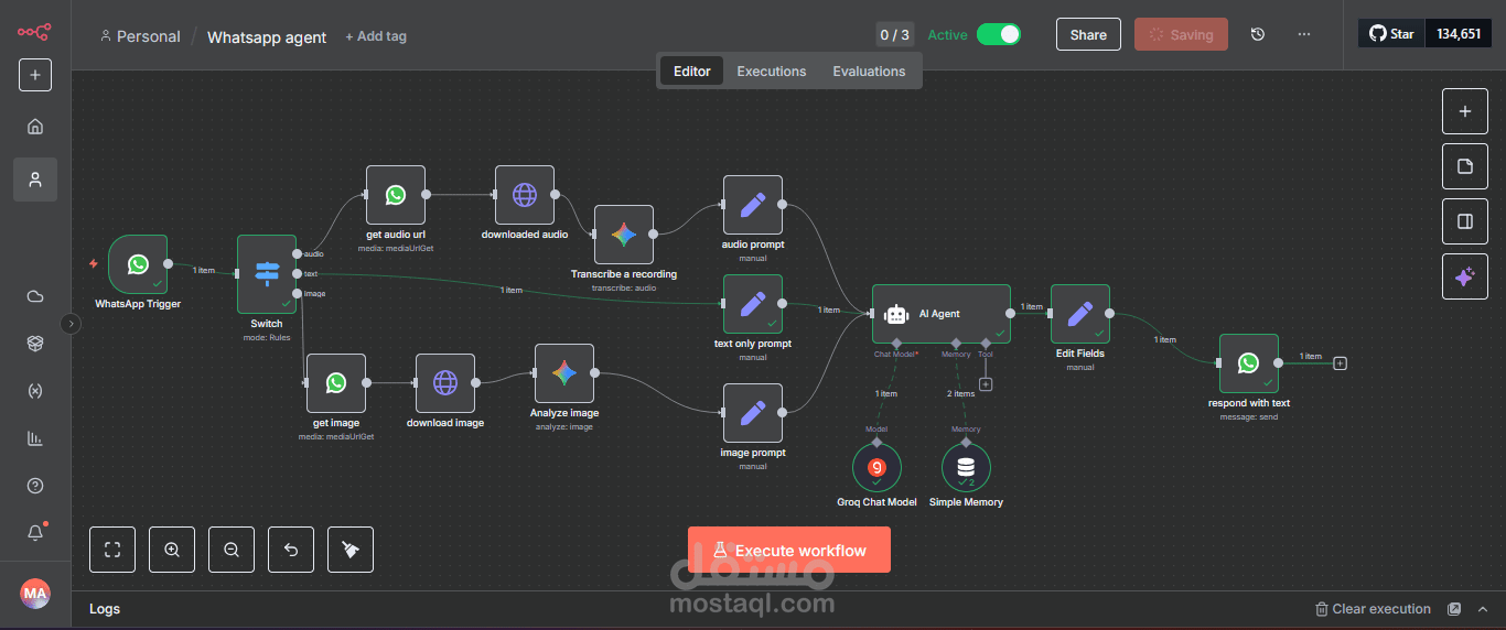 تطبيق AI Agent للرد التلقائي على استفسارات العملاء عبر واتساب و n8n