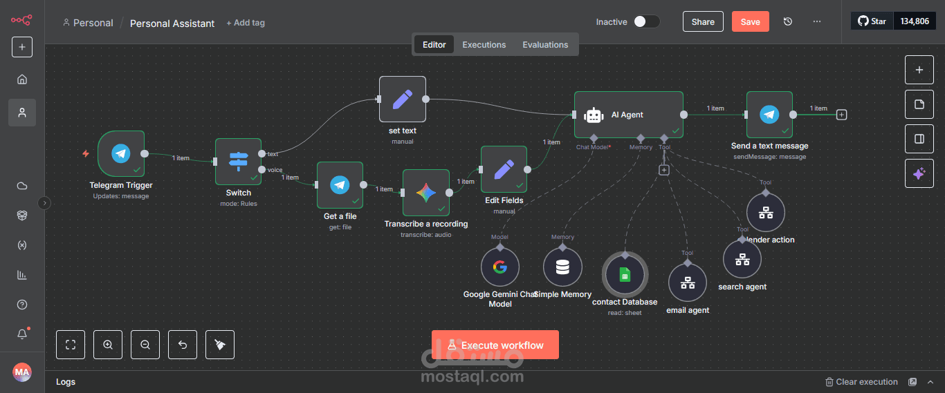 إنشاء وكيل ذكي (AI Agent) متكامل على تليجرام و n8n لإدارة البريد والمهام