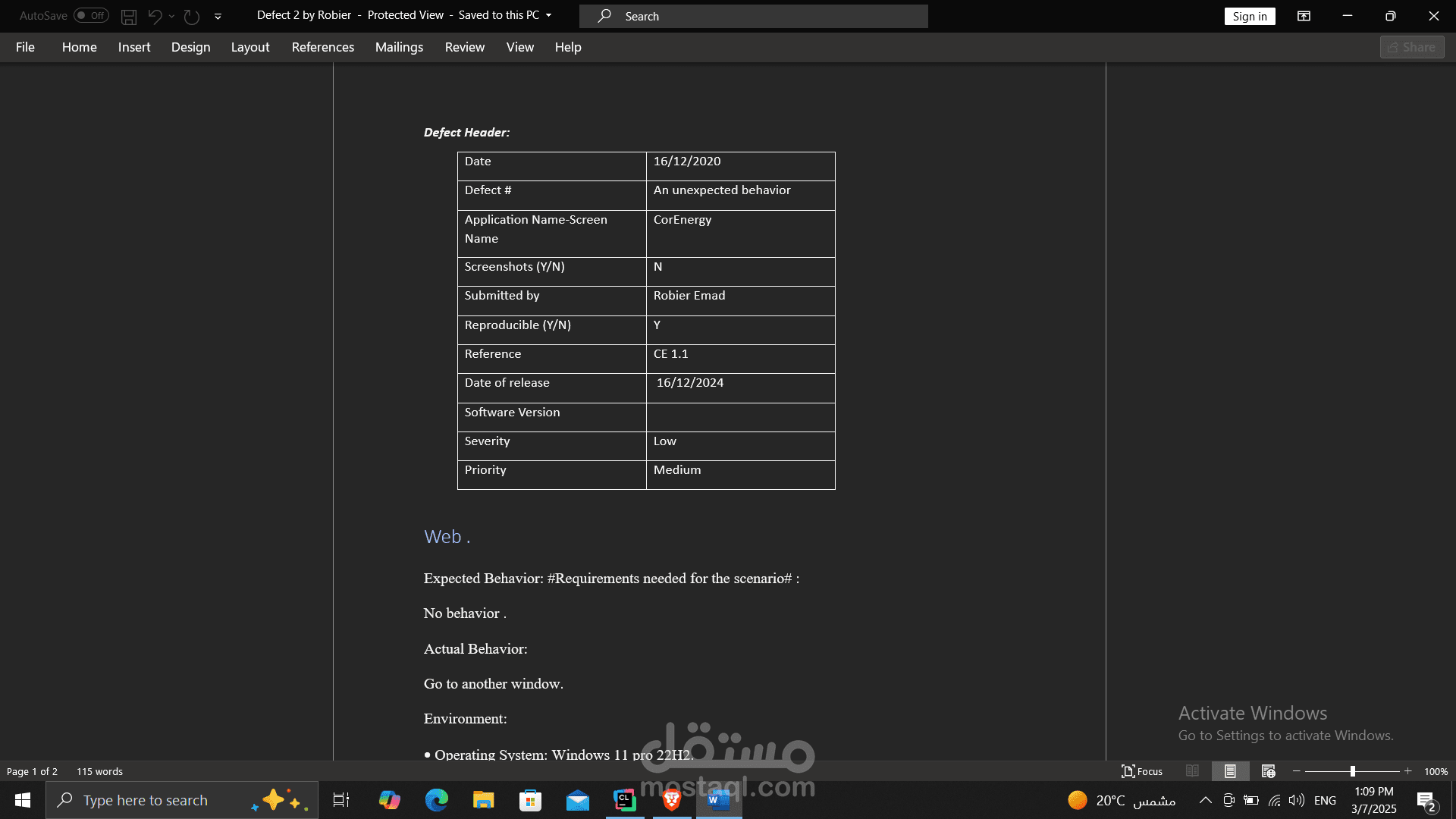 اختبار احد المواقع وهذه الصوره احد ال defect report