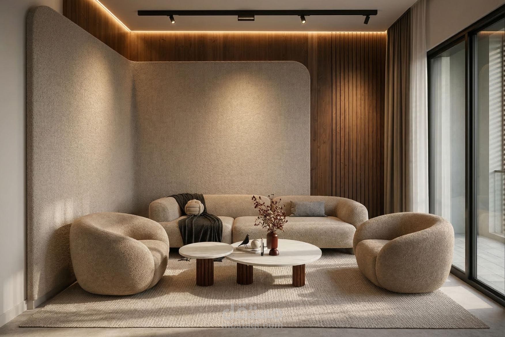 تصميم داخلي فاخر وعصري لغرفة معيشة بأسلوب دافئ ومينيمالي